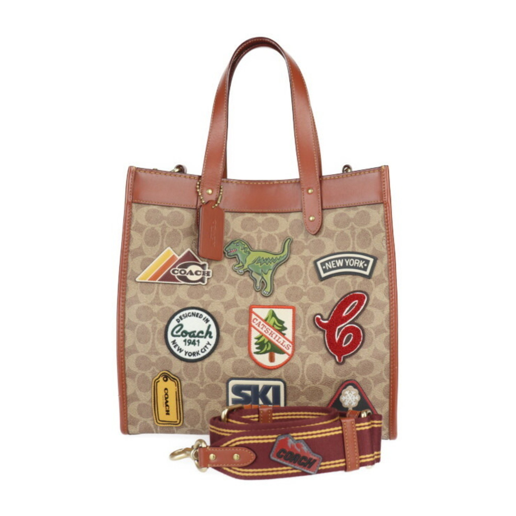 COACH Signature Canvas with Patch Handbag C6846 Leather Brown Multicolor Shoulder Bag Tote