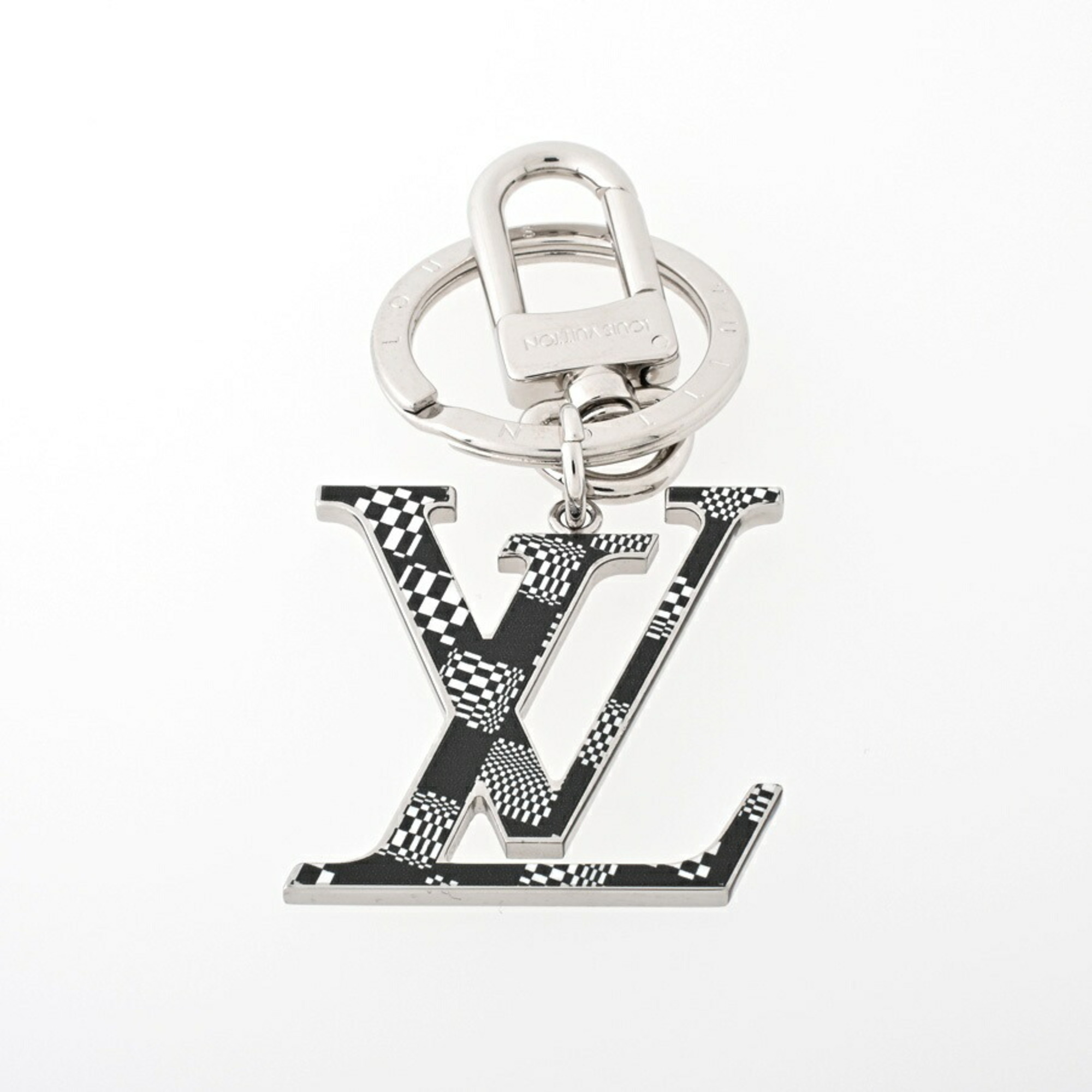 Louis Vuitton LOUIS VUITTON Porte Cle LV Damier Distorted Key Ring Holder MP2918 Metal Silver/Black B-156220