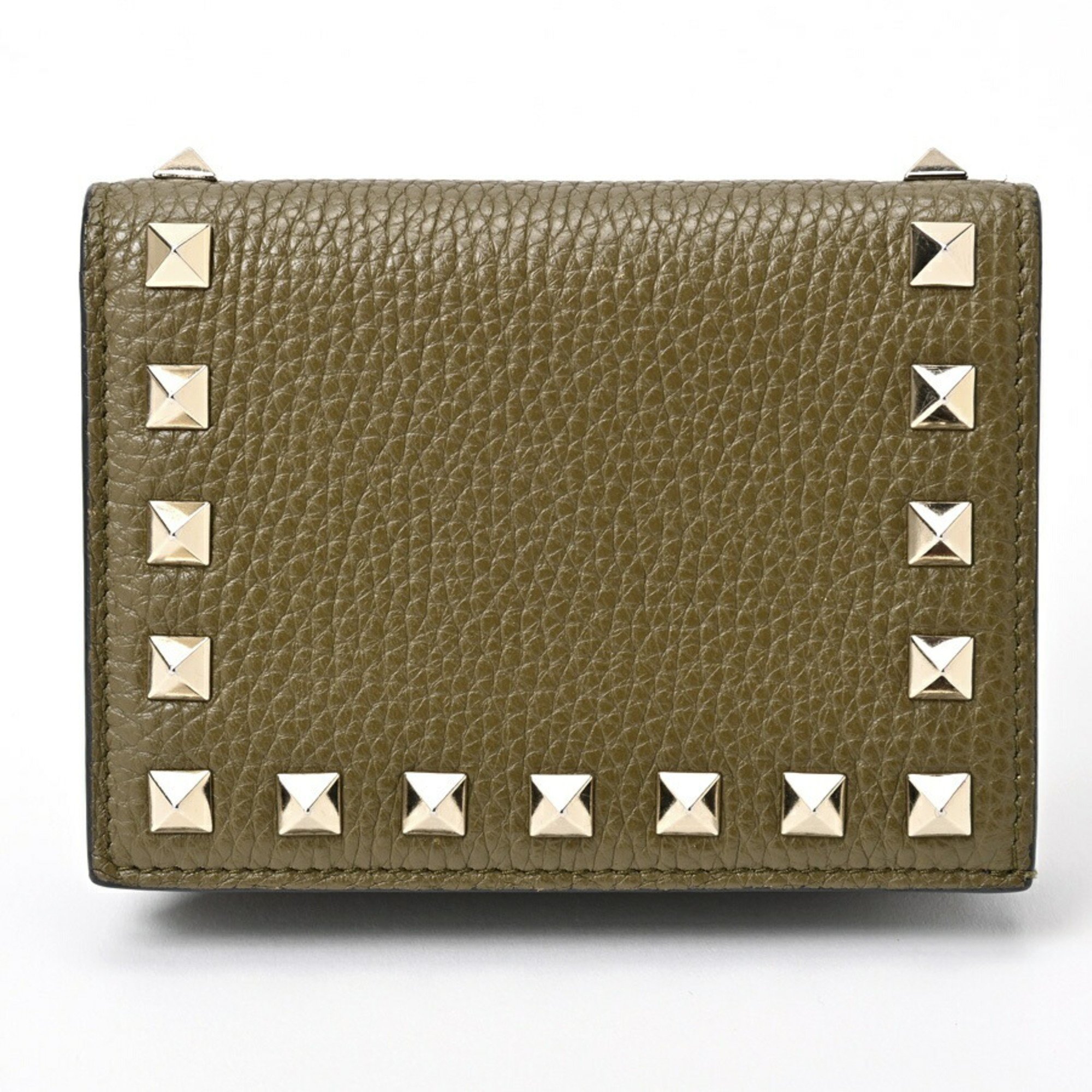 Valentino Rockstud Grained Calfskin Small Wallet Leather Khaki S-156151