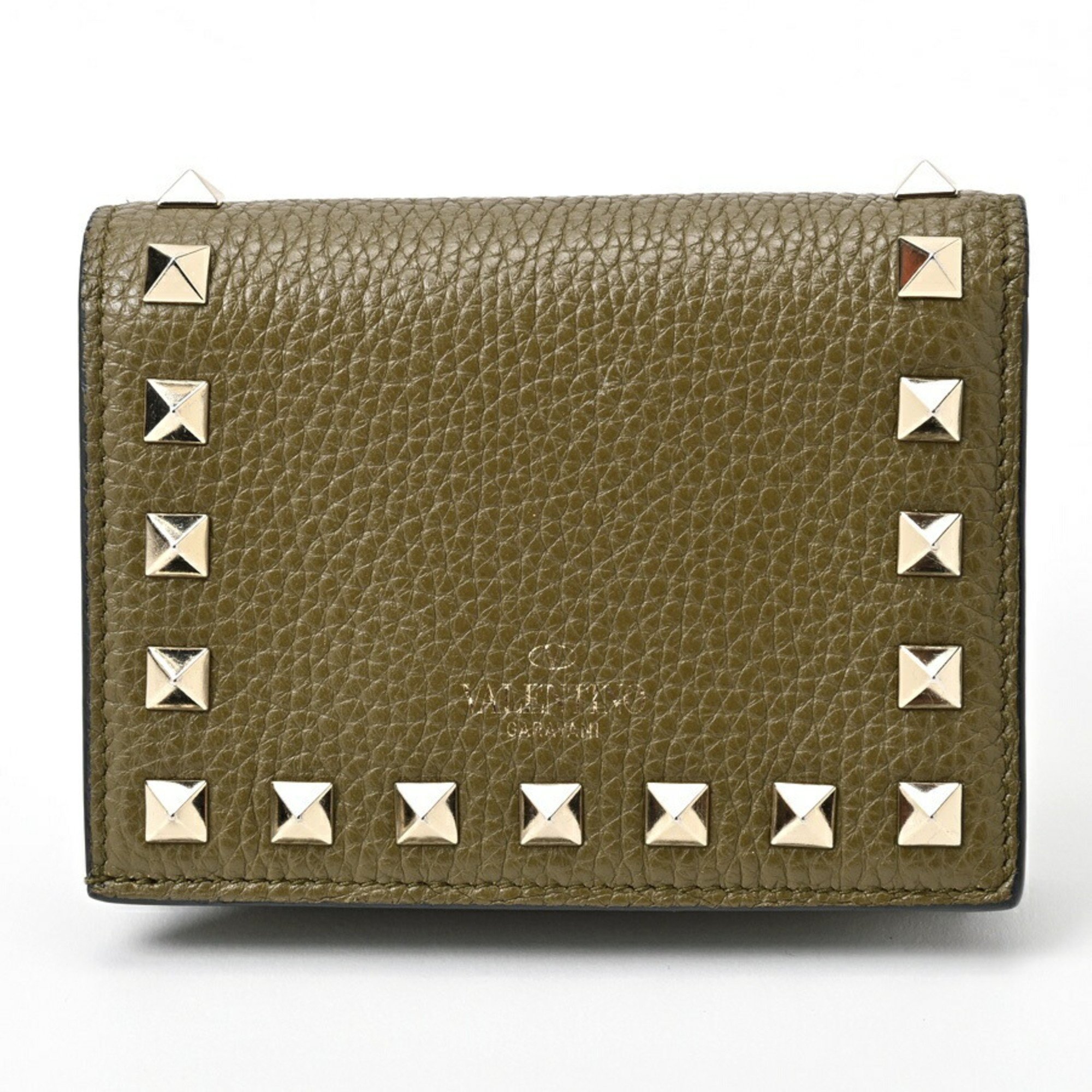 Valentino Rockstud Grained Calfskin Small Wallet Leather Khaki S-156151