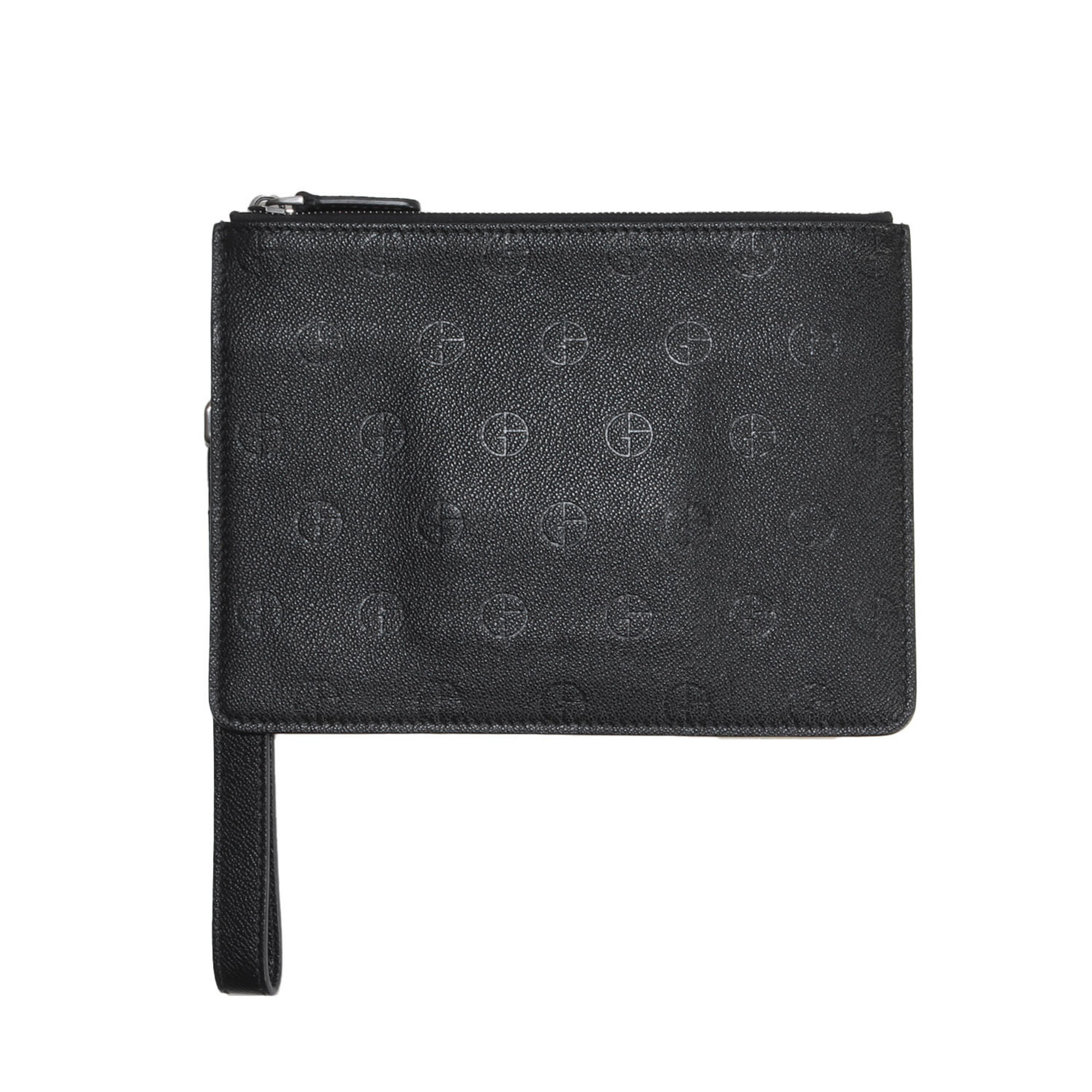 GIORGIO ARMANI Giorgio Armani Hand Strap GA Repeat Leather Clutch Bag Pouch Second Bag-in-Bag MADE IN ITALY Black