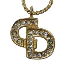 Christian Dior CD Rhinestone Necklace Pendant GP Gold Luxury