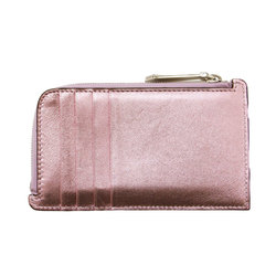 FENDI FF Diamond Card Case Zip Compartment Metallic Coin Pouch Purse Leather Pink