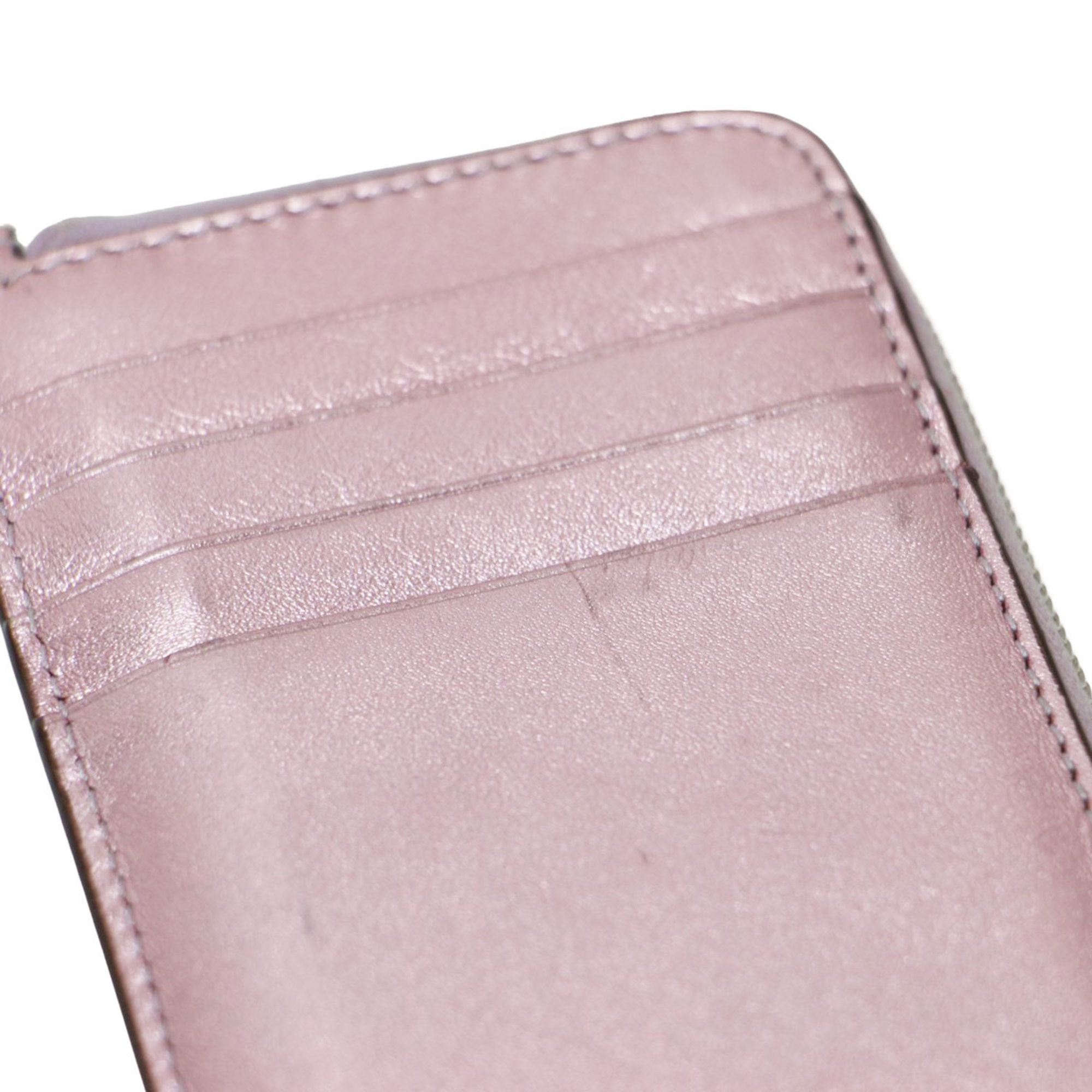 FENDI FF Diamond Card Case Zip Compartment Metallic Coin Pouch Purse Leather Pink