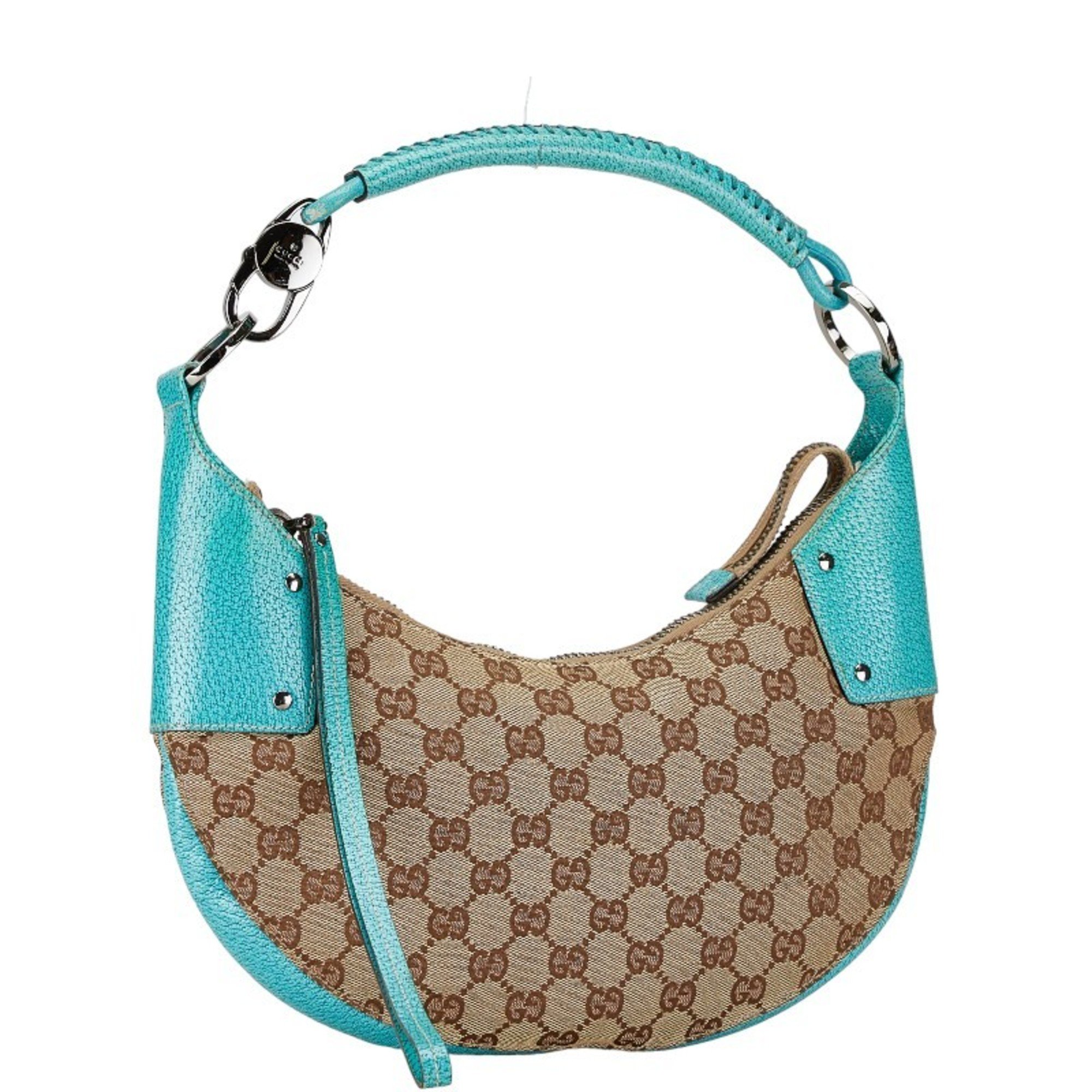 Gucci GG Canvas Half Moon Shoulder Bag 115004 Beige Turquoise Leather Women's GUCCI