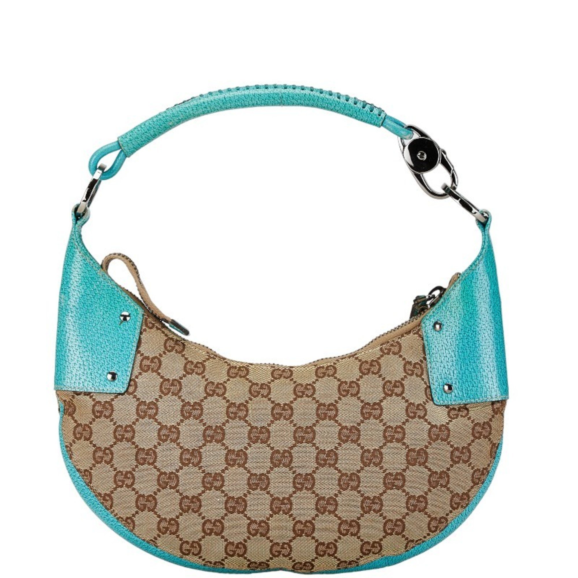 Gucci GG Canvas Half Moon Shoulder Bag 115004 Beige Turquoise Leather Women's GUCCI