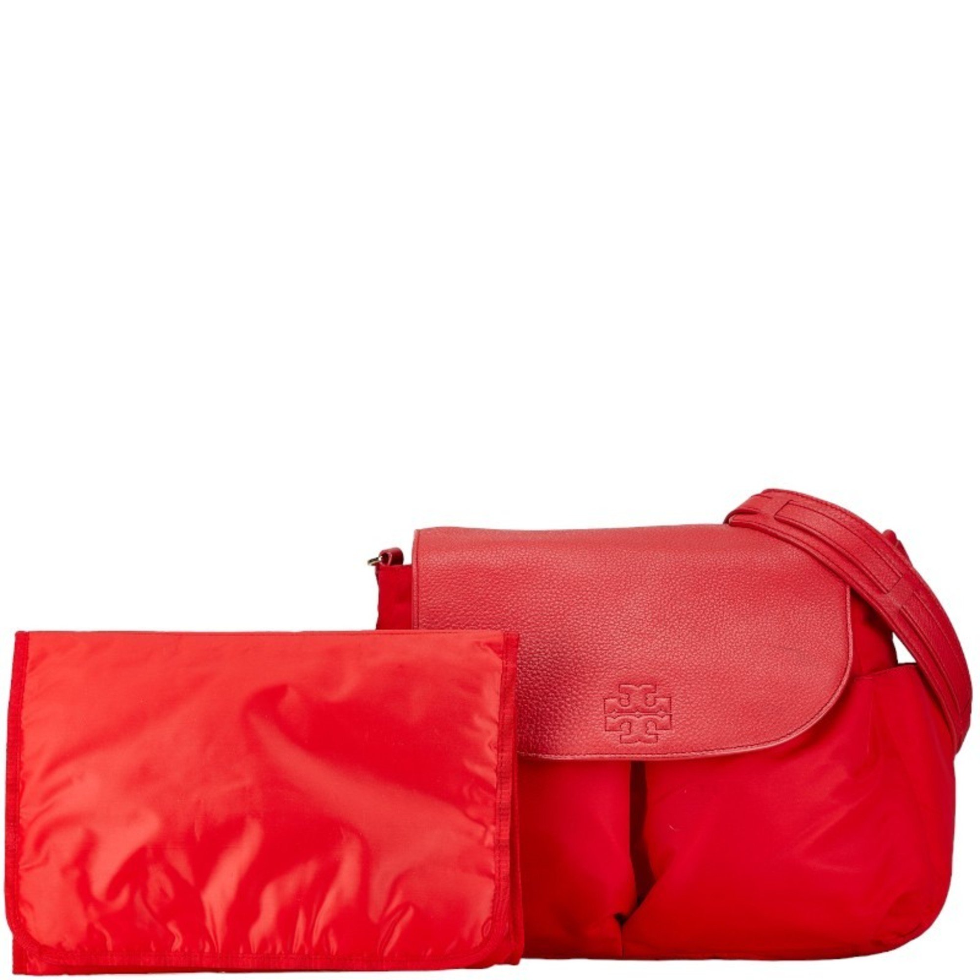 Tory Burch Shoulder Bag with Diaper Changing Mat, Mother's Bag, Red, Nylon, Leather, Women's