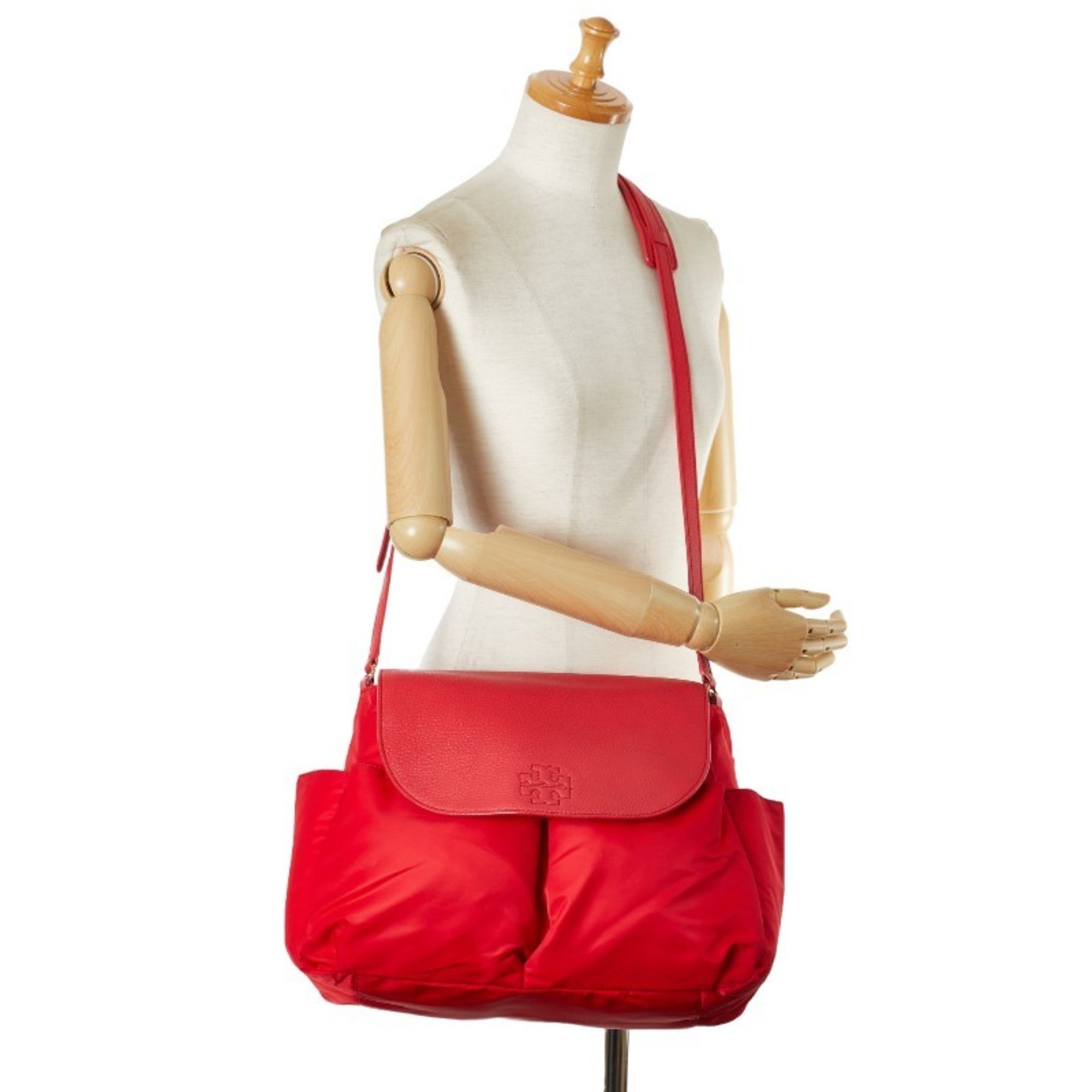 Tory Burch Shoulder Bag with Diaper Changing Mat, Mother's Bag, Red, Nylon, Leather, Women's