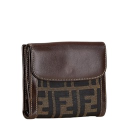 FENDI ZUCCA Compact Wallet Bi-fold Brown Canvas Leather Women's