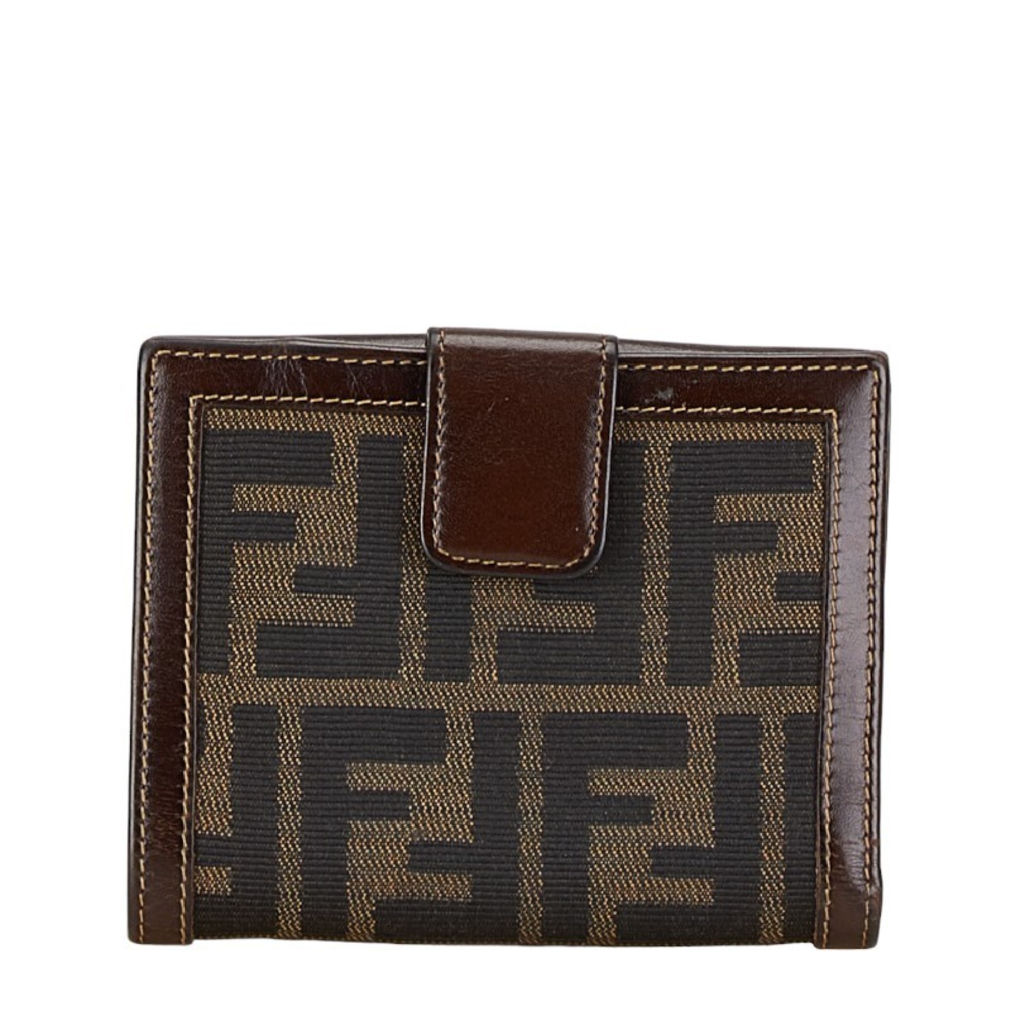 FENDI ZUCCA Compact Wallet Bi-fold Brown Canvas Leather Women's