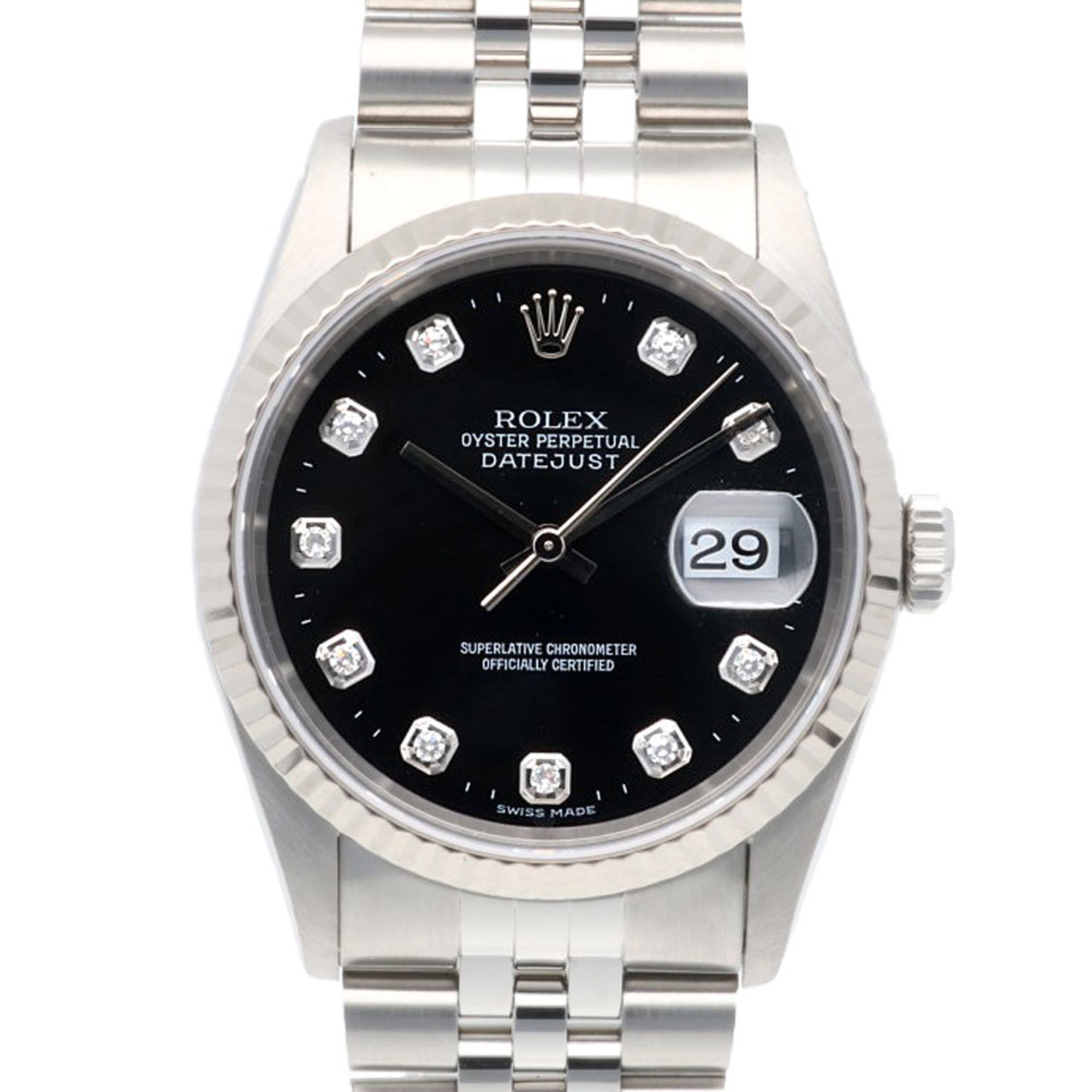 Rolex Datejust Oyster Perpetual Watch Stainless Steel 16234G Automatic Men's ROLEX T-Serial 1996 Model 10P Diamonds Manufacturer Overhauled