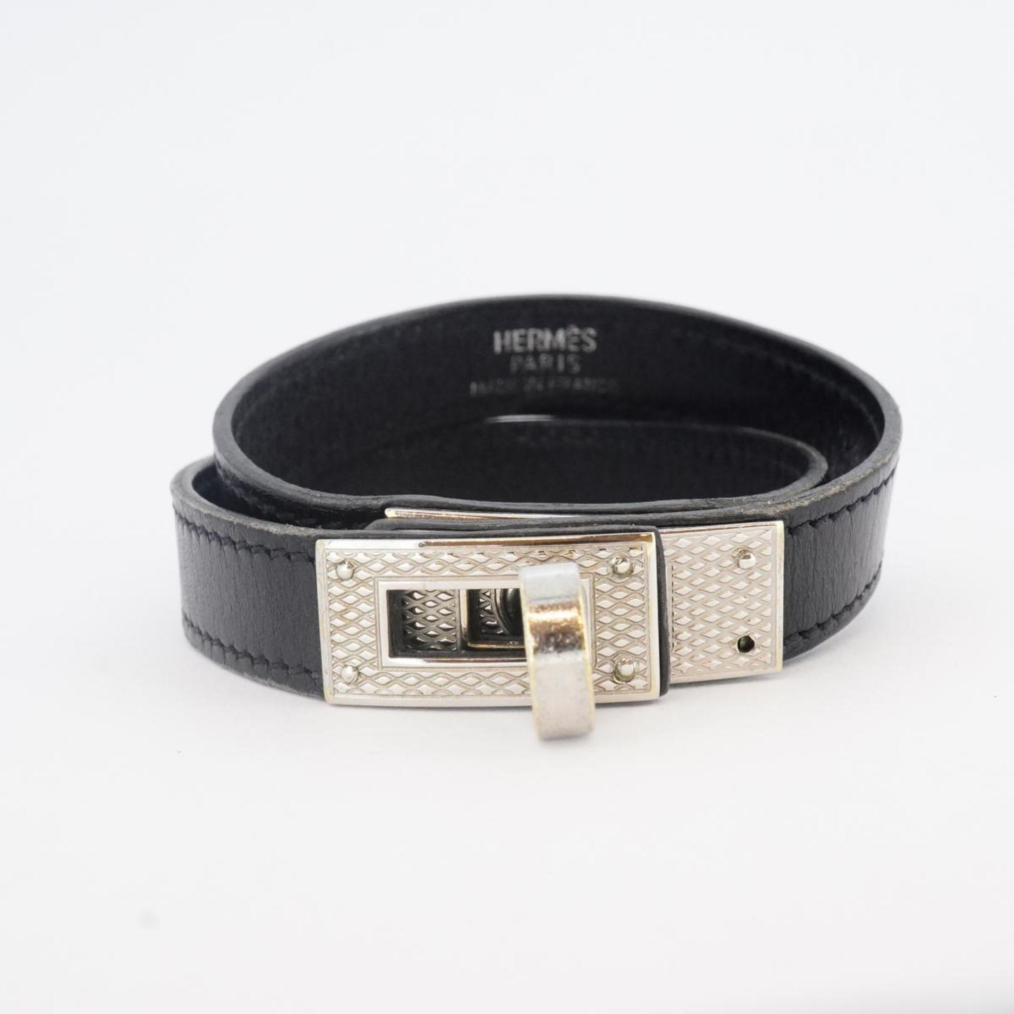 Hermes Bracelet Kelly Double Tour Metal Leather Silver Black Men Women