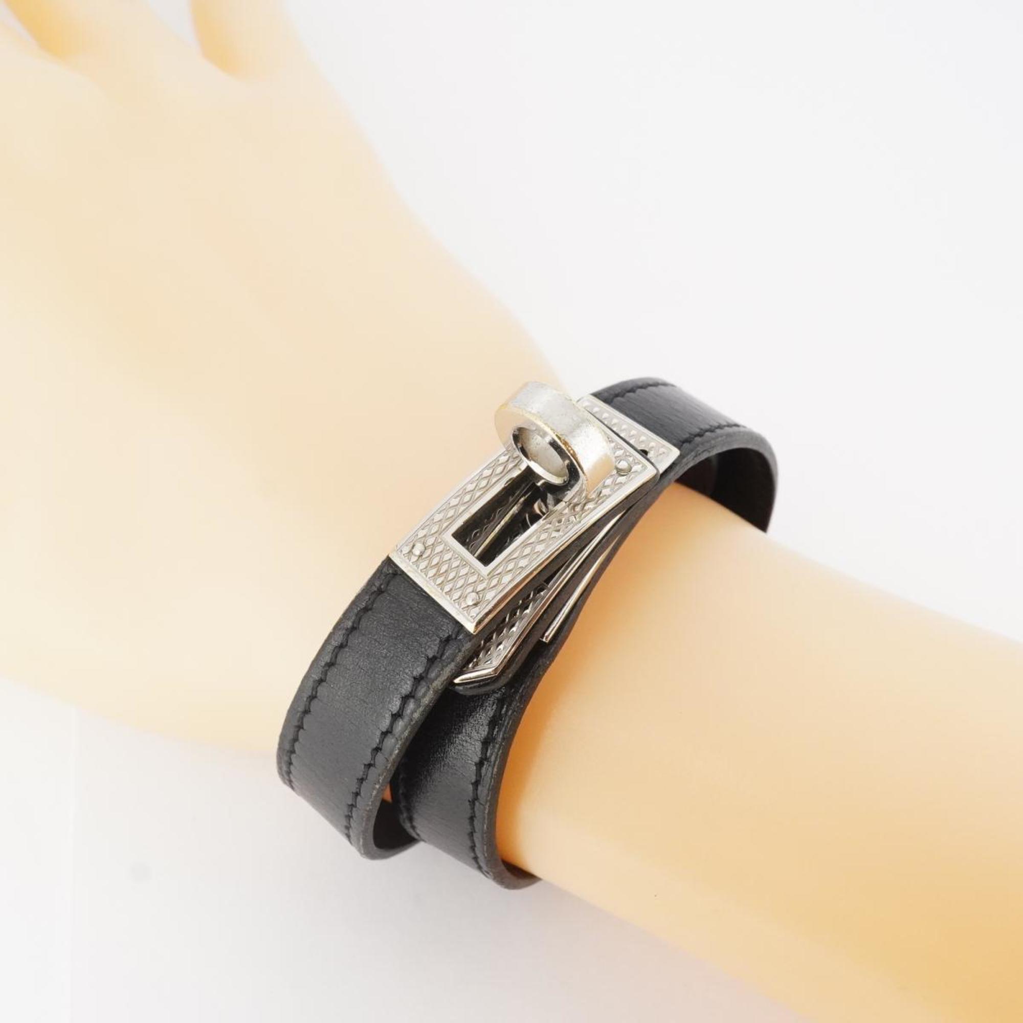 Hermes Bracelet Kelly Double Tour Metal Leather Silver Black Men Women