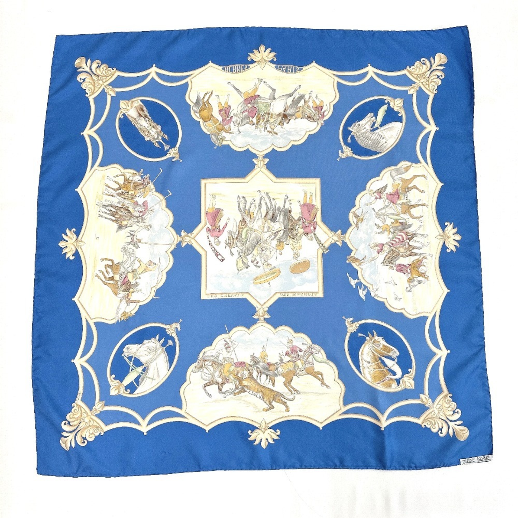 HERMES Hermes Carre 90 LES CHEVAUX DES MOGHOLS Mughal Horses Scarf Muffler Silk Blue Women's N4064965