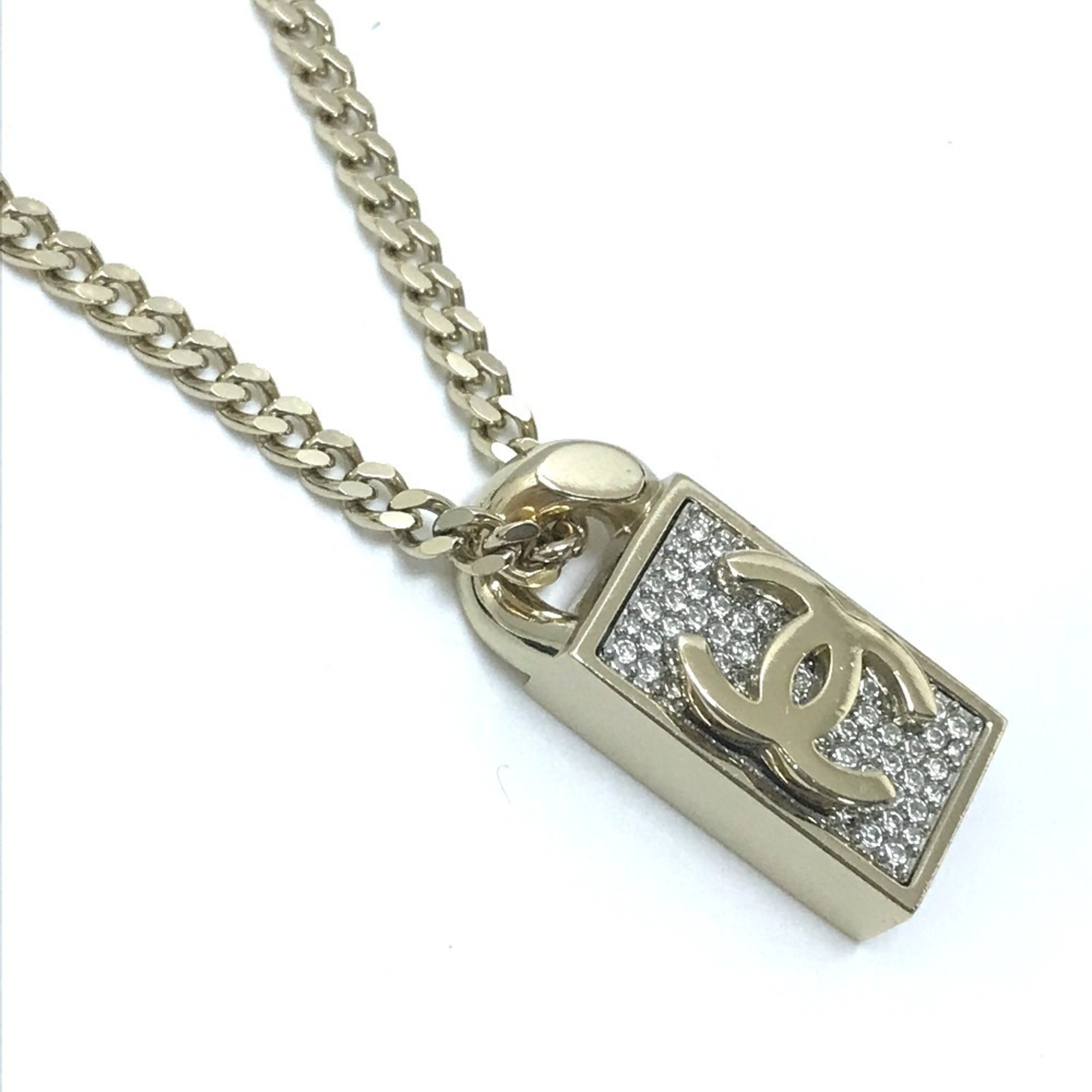 CHANEL 21V CC Coco Mark Rhinestone Chain Necklace Metal Women's Gold