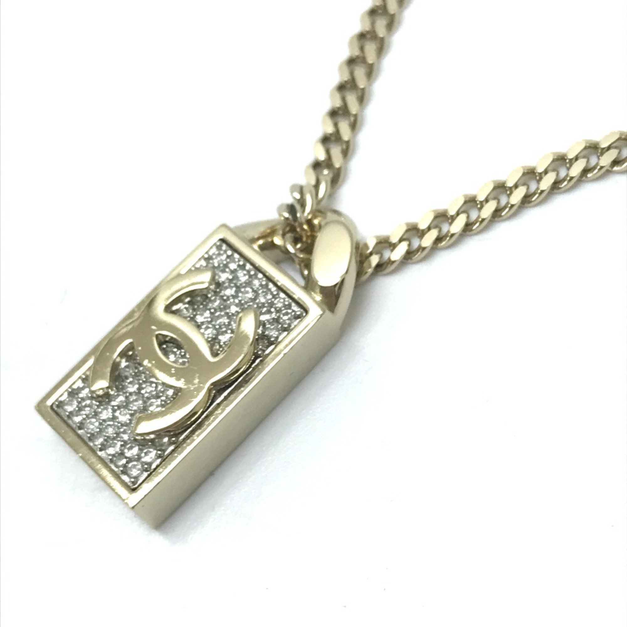 CHANEL 21V CC Coco Mark Rhinestone Chain Necklace Metal Women's Gold