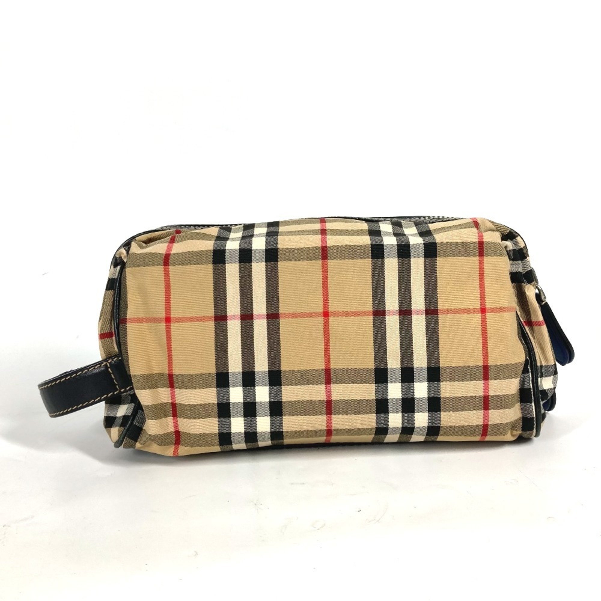 BURBERRY Checked Pouch with Handle Clutch Bag Second Leather Canvas Men's Beige