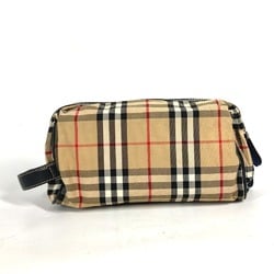 BURBERRY Checked Pouch with Handle Clutch Bag Second Leather Canvas Men's Beige