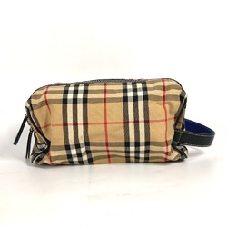 BURBERRY Checked Pouch with Handle Clutch Bag Second Leather Canvas Men's Beige