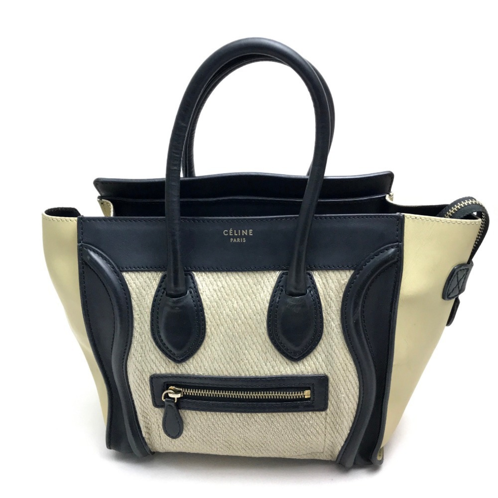 CELINE Micro Shopper Luggage Series Tote Bag Leather Linen Women's Beige x Black