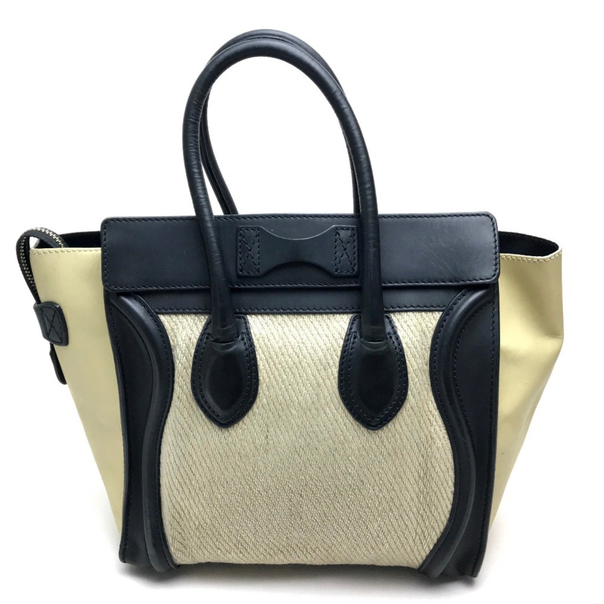 CELINE Micro Shopper Luggage Series Tote Bag Leather Linen Women's Beige x Black