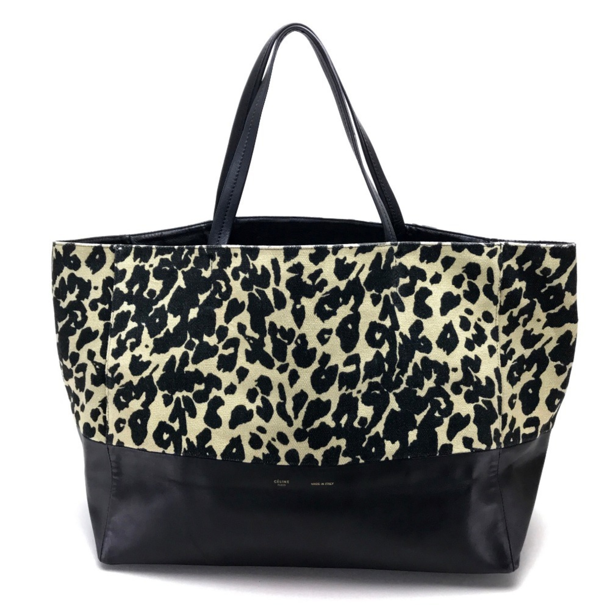 CELINE Leopard Horizontal Cabas Tote Bag Canvas Leather Women's Black x Beige