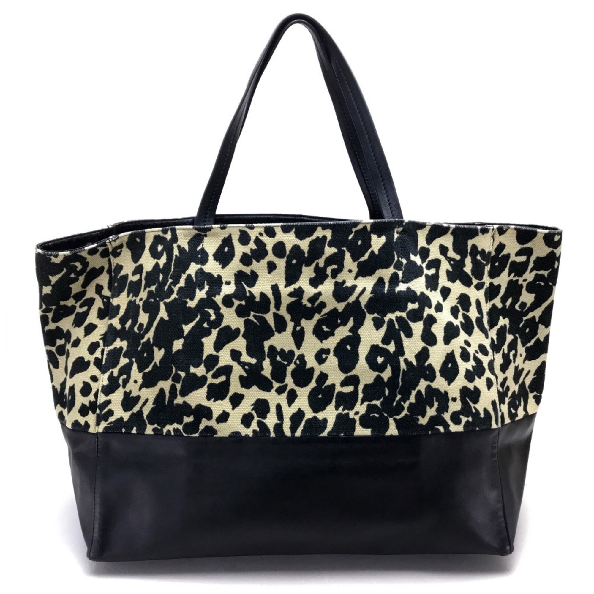 CELINE Leopard Horizontal Cabas Tote Bag Canvas Leather Women's Black x Beige