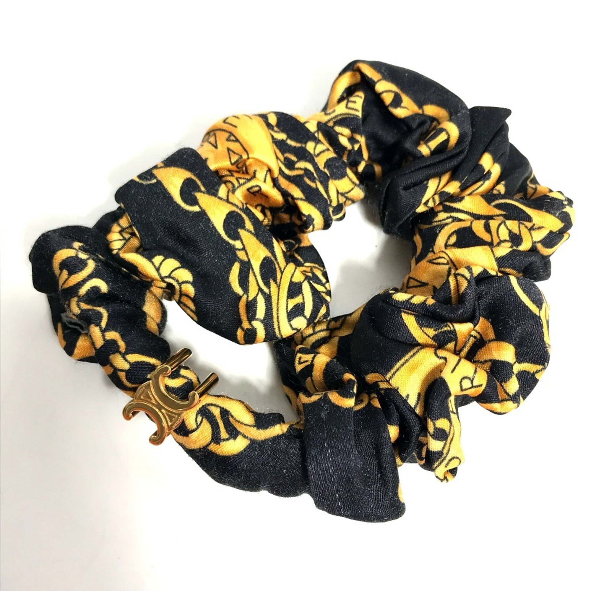 CELINE Hair Tie Chain Pattern Triomphe Scrunchie Silk Women's Black