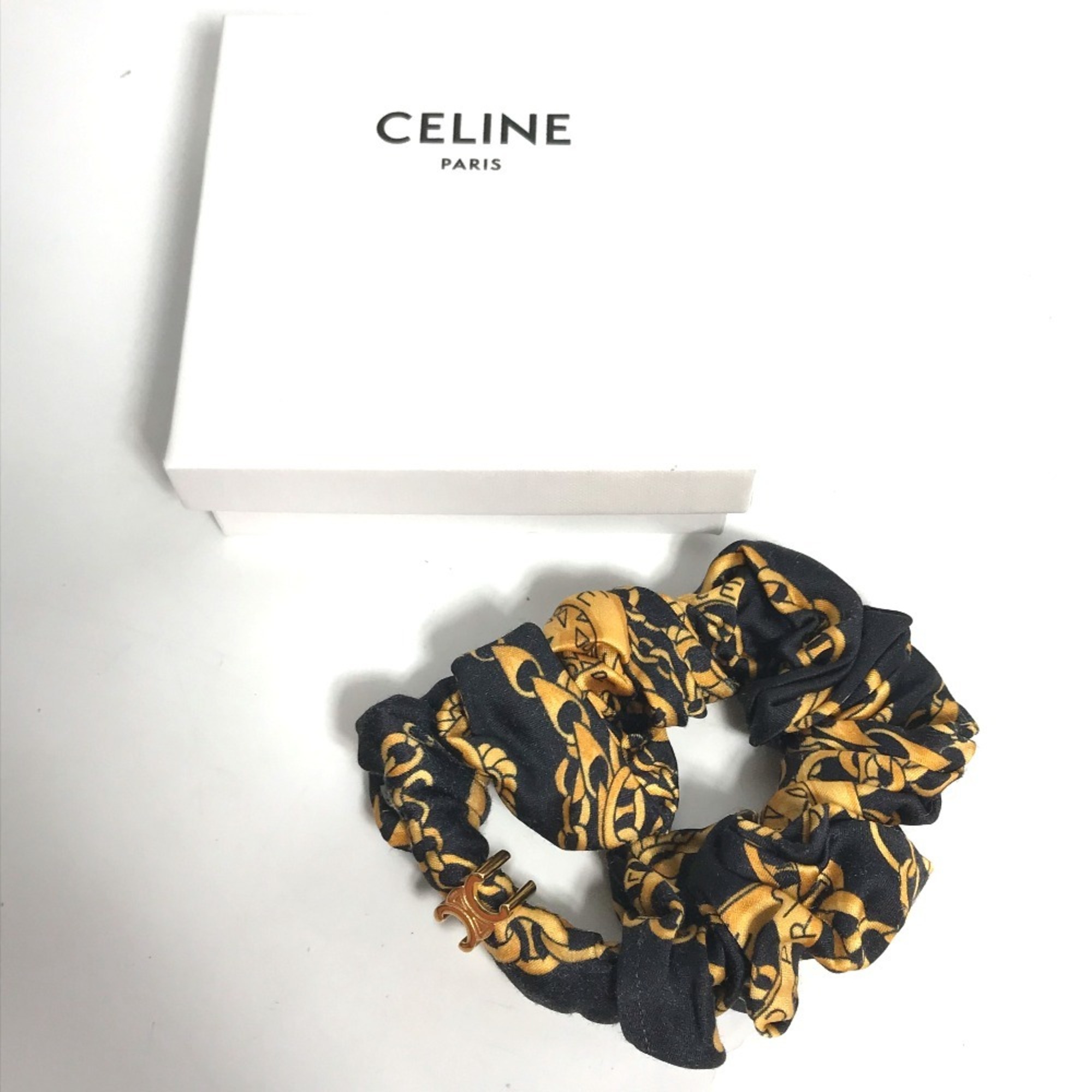 CELINE Hair Tie Chain Pattern Triomphe Scrunchie Silk Women's Black