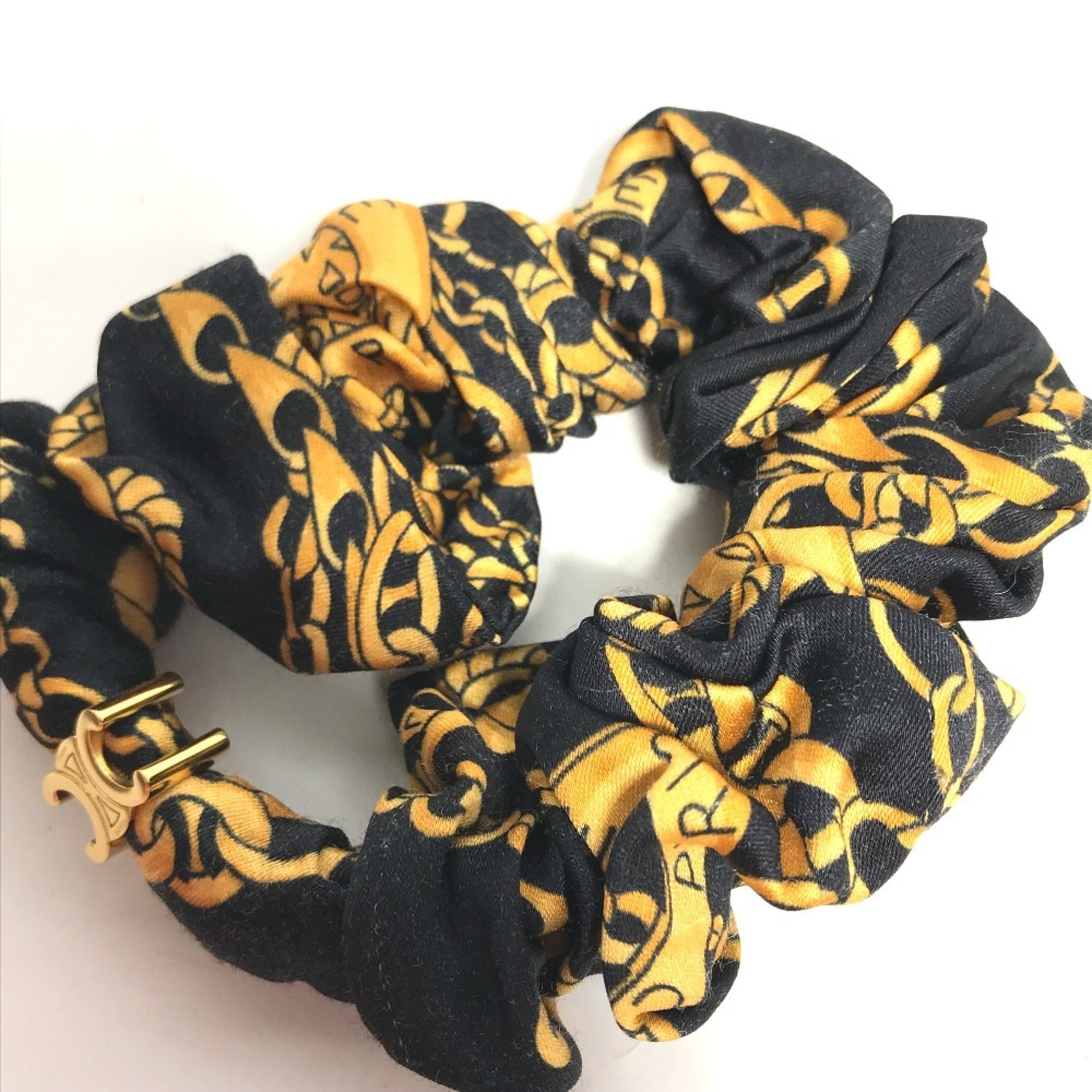 CELINE Hair Tie Chain Pattern Triomphe Scrunchie Silk Women's Black