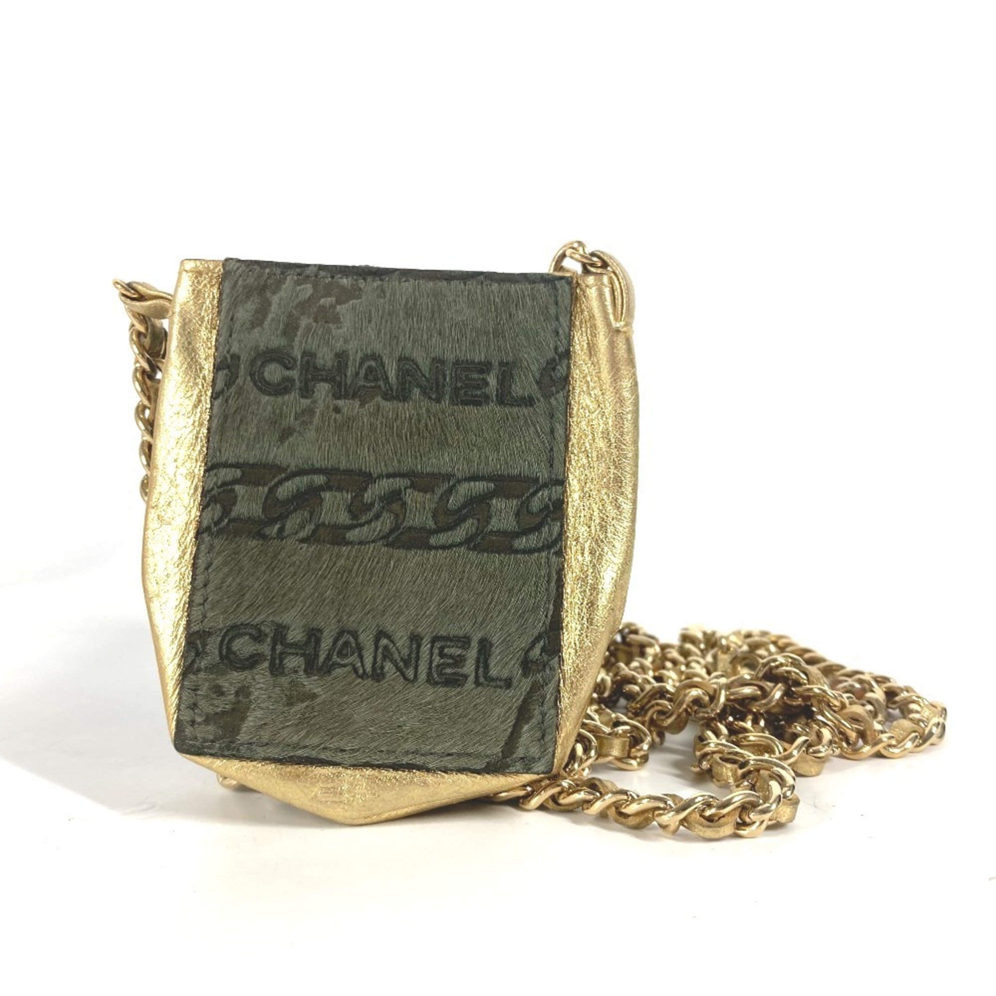 CHANEL Chanel Pochette Chain Shoulder Bag Leather Pony Women's Khaki