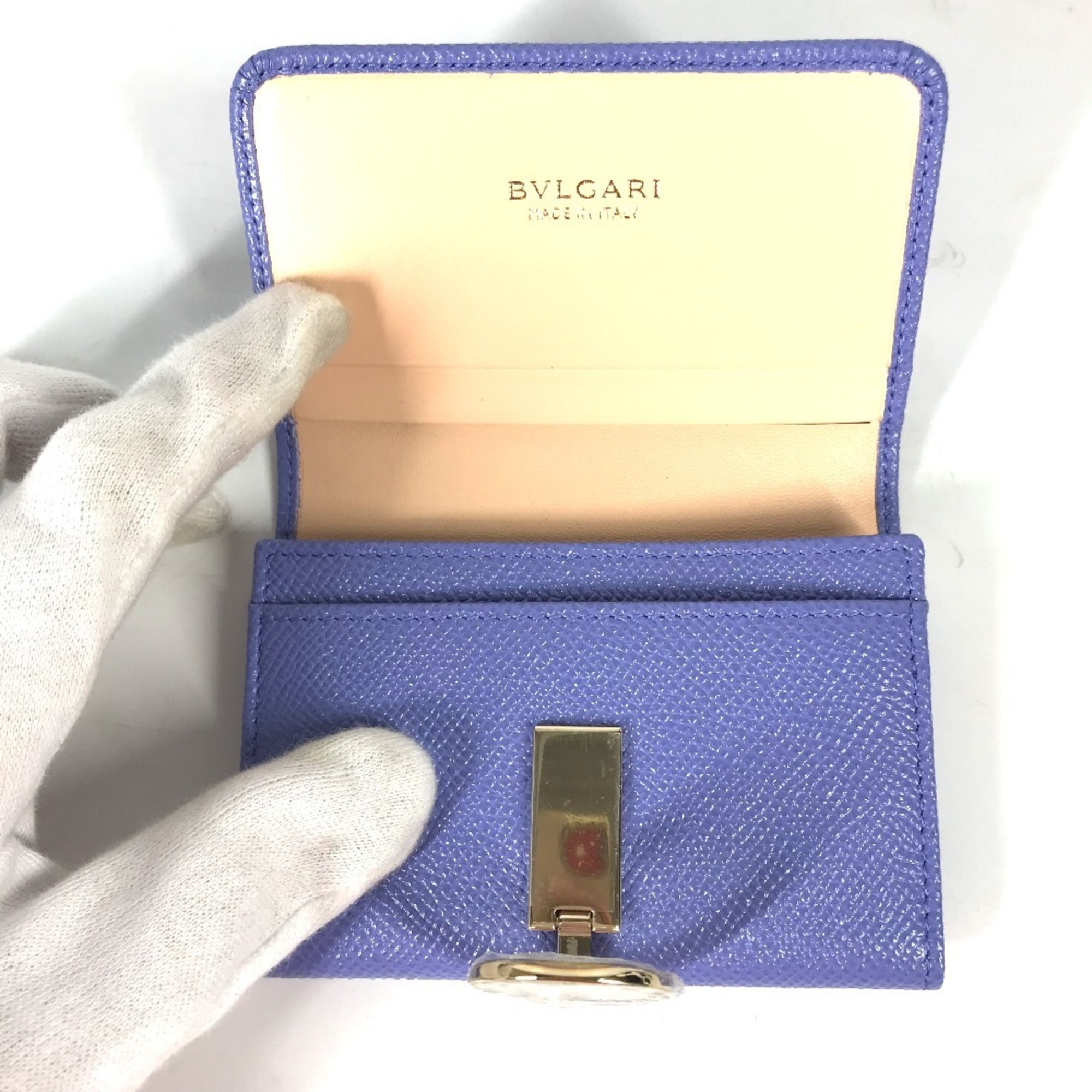 BVLGARI Clip Business Card Holder Pass Case Bi-Fold Holder/Card Leather Men's Light Purple