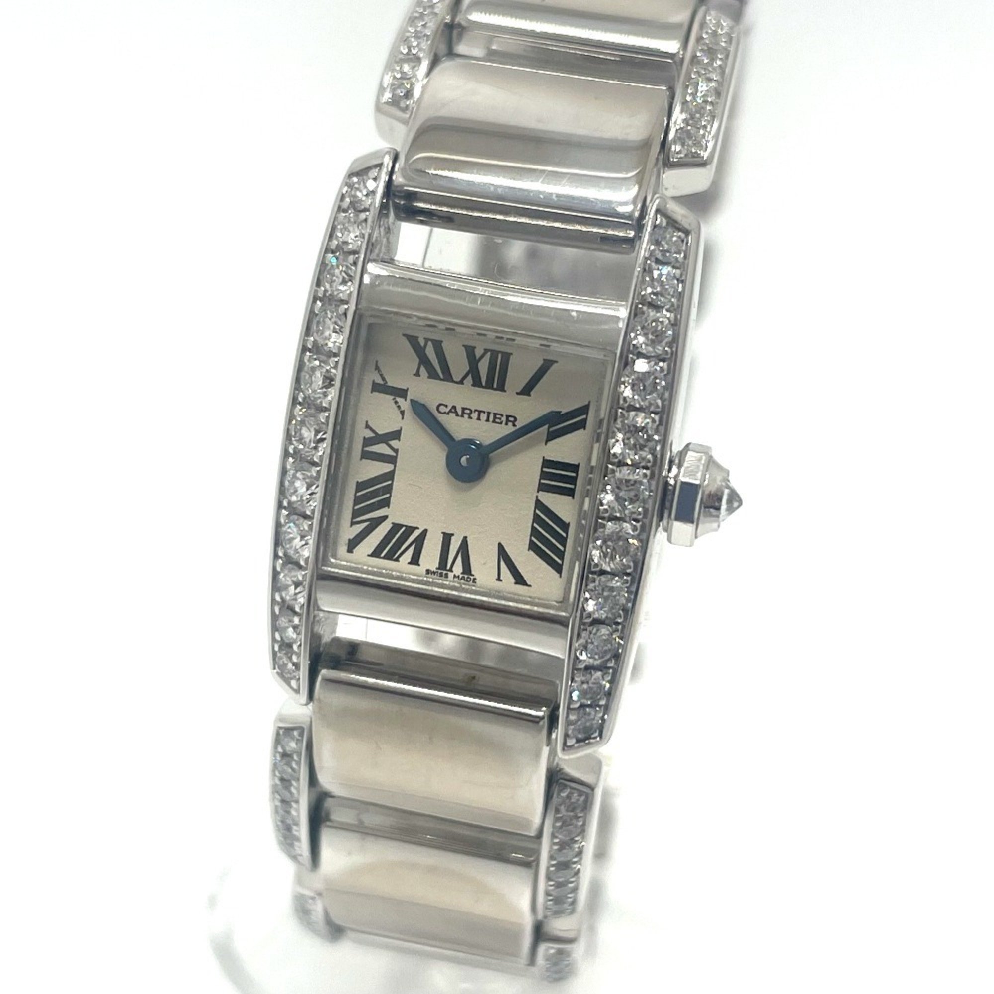 CARTIER WE7007MM Tanquissim SM Bezel Diamond, Full Diamond Belt Side Quartz Wristwatch K18WG Ladies Silver