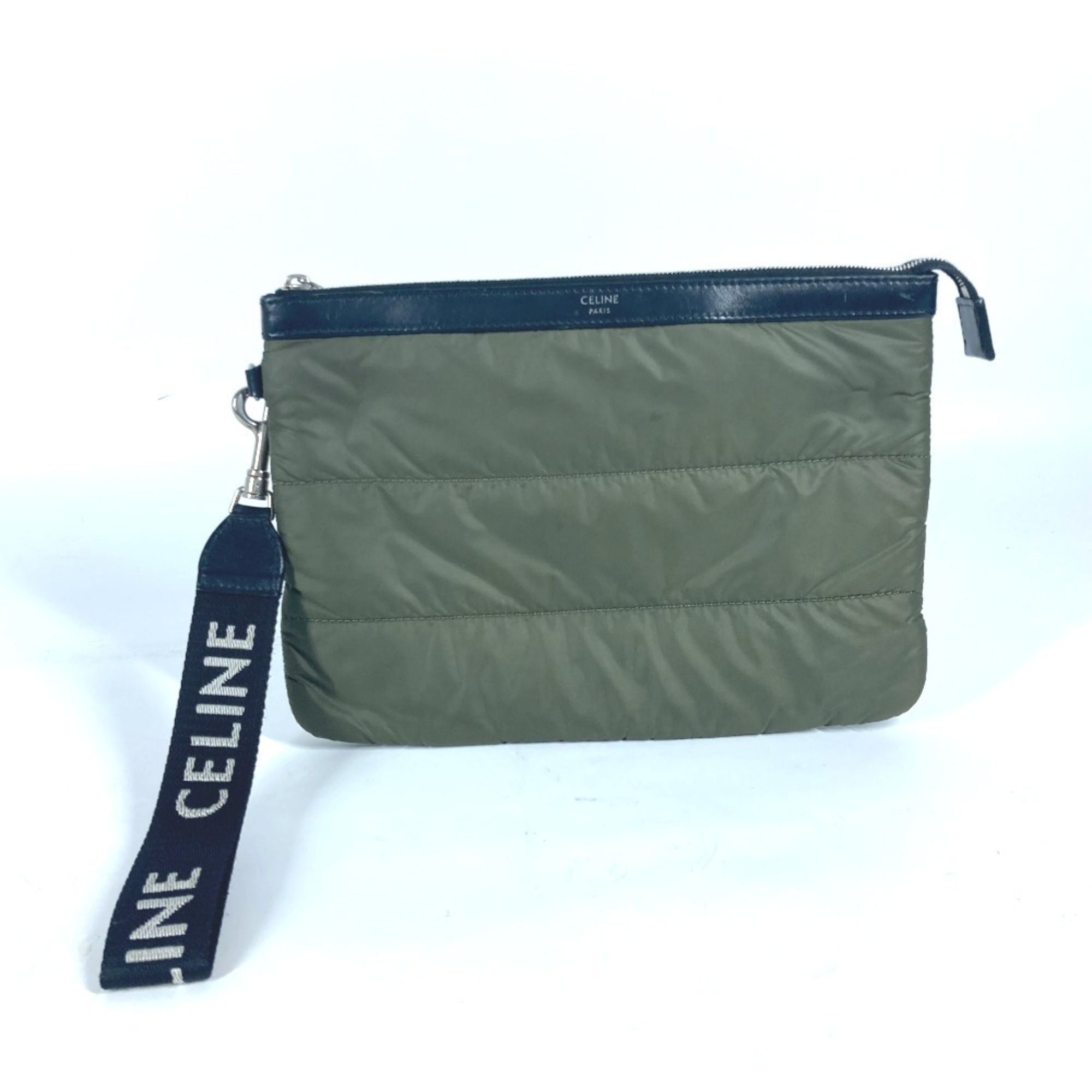 CELINE Bicolor Pouch Clutch Bag Leather Nylon Women's Khaki