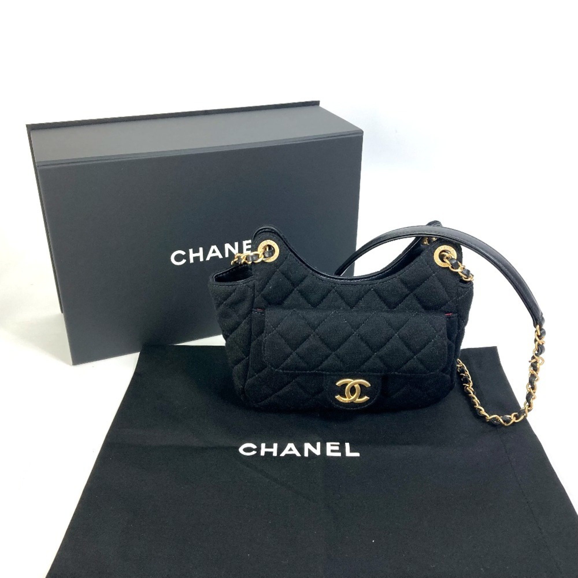 CHANEL AS3710 Matelasse Small Hobo Chain 23C Shoulder Bag Jersey Women's Black