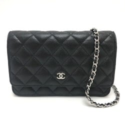 CHANEL AP0250 Coco Mark Matelasse Chain Wallet Shoulder Bag Caviar Skin Women's Silver Hardware Black