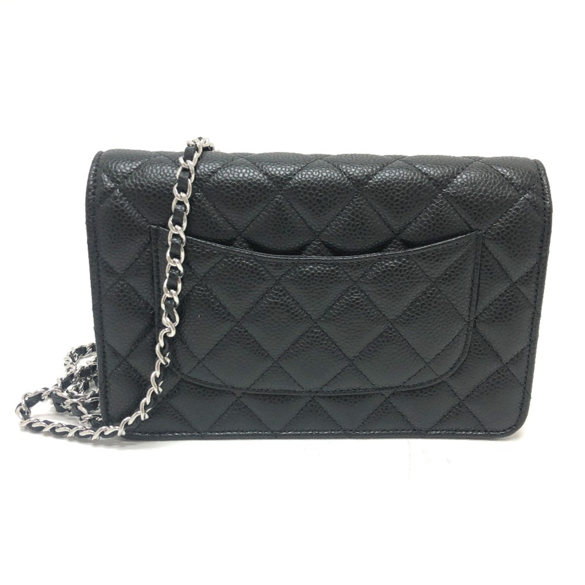 CHANEL AP0250 Coco Mark Matelasse Chain Wallet Shoulder Bag Caviar Skin Women's Silver Hardware Black