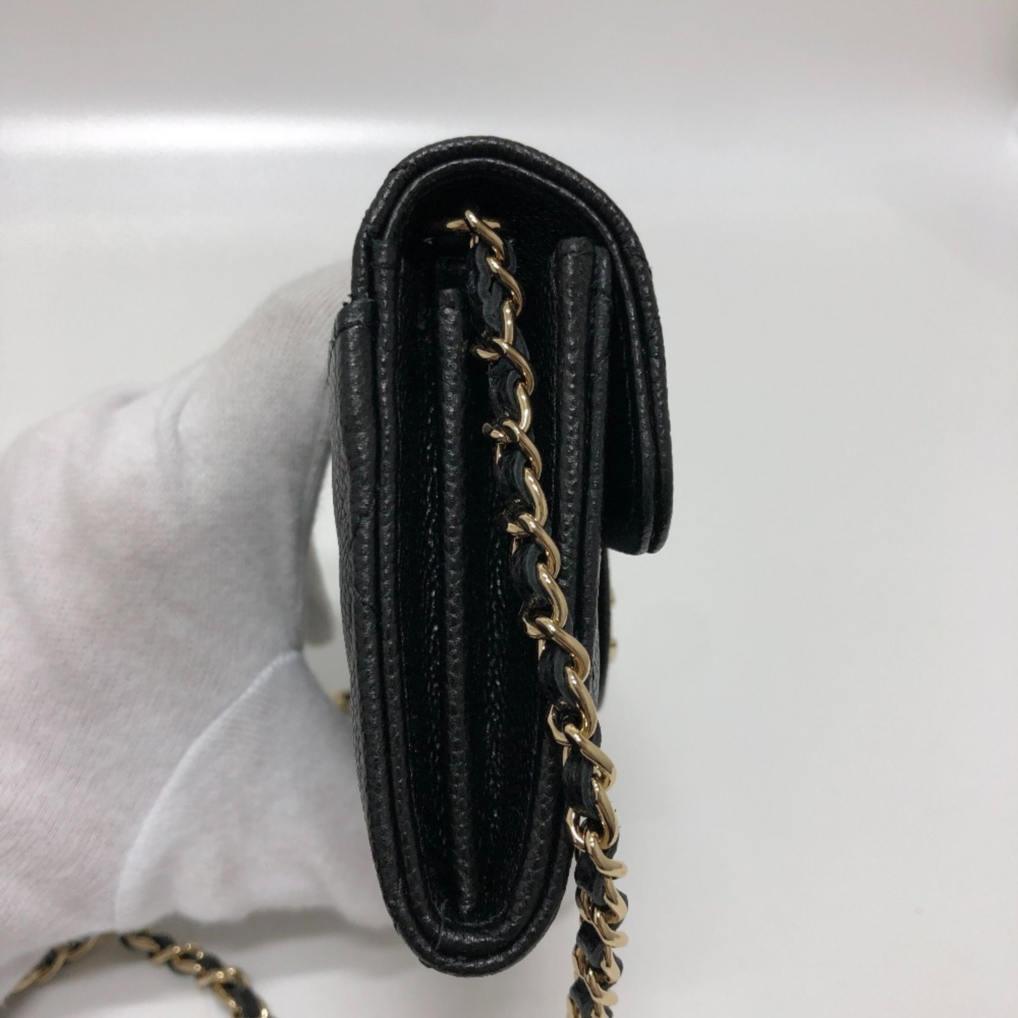 CHANEL AP0238 Coco Mark Matelasse Chain Wallet Pochette Shoulder Bag Caviar Skin Women's Black