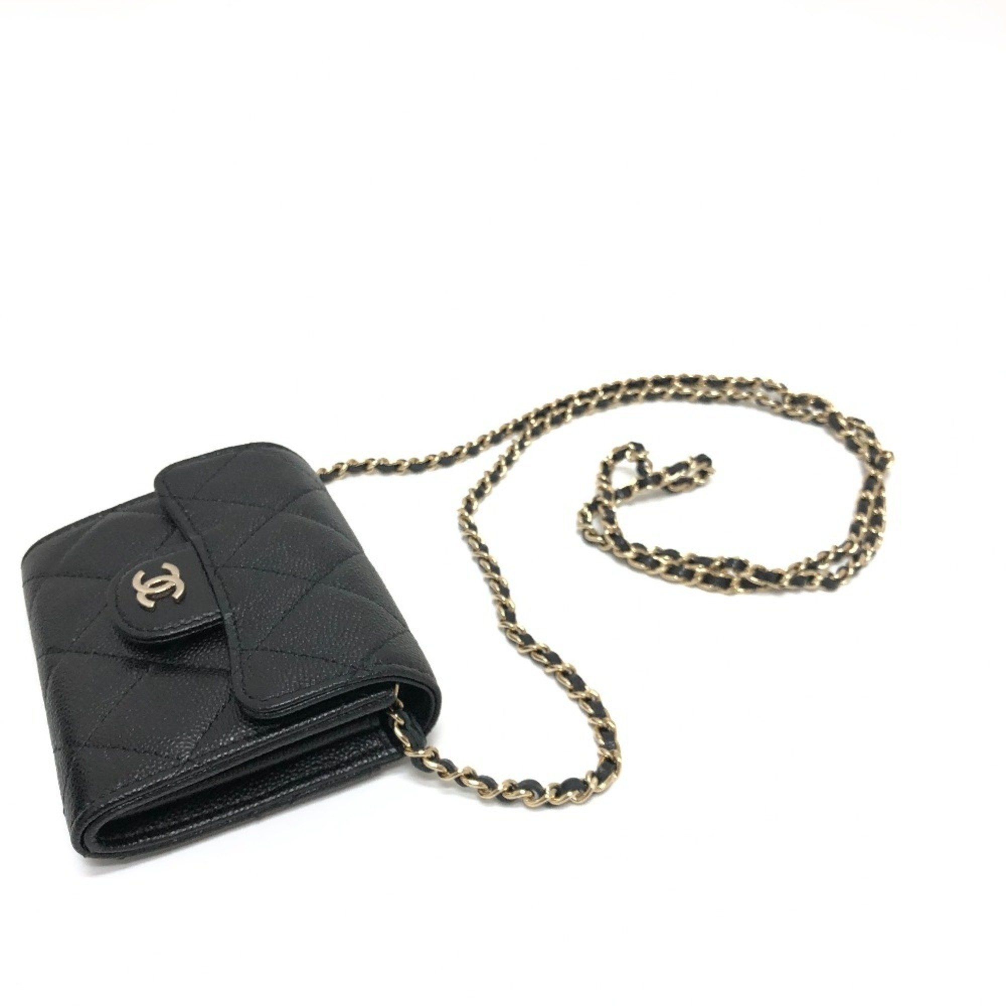 CHANEL AP0238 Coco Mark Matelasse Chain Wallet Pochette Shoulder Bag Caviar Skin Women's Black