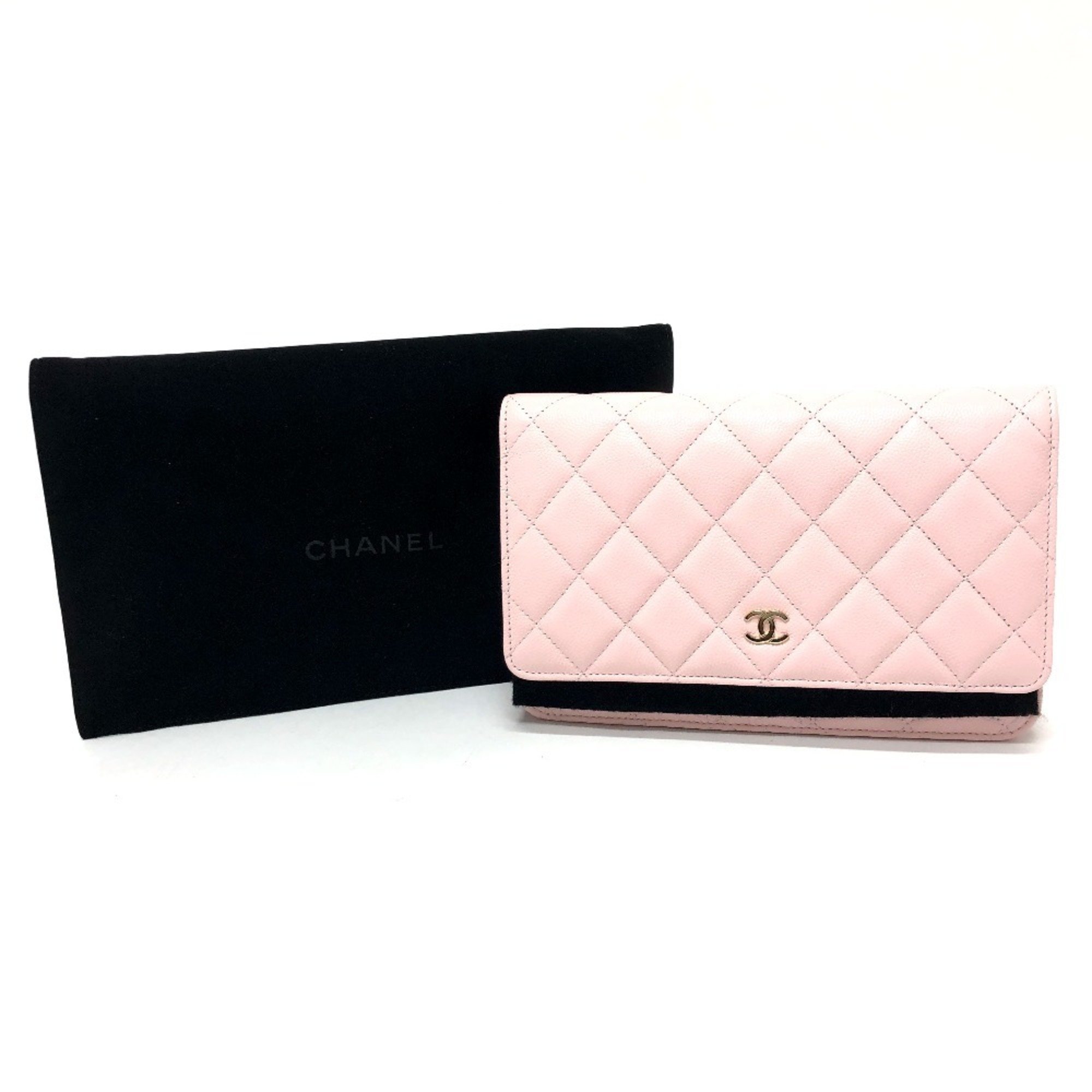 CHANEL AP0250 Coco Mark CC Chain Wallet Long Pouch Pochette Shoulder Bag Caviar Skin Women's Pink