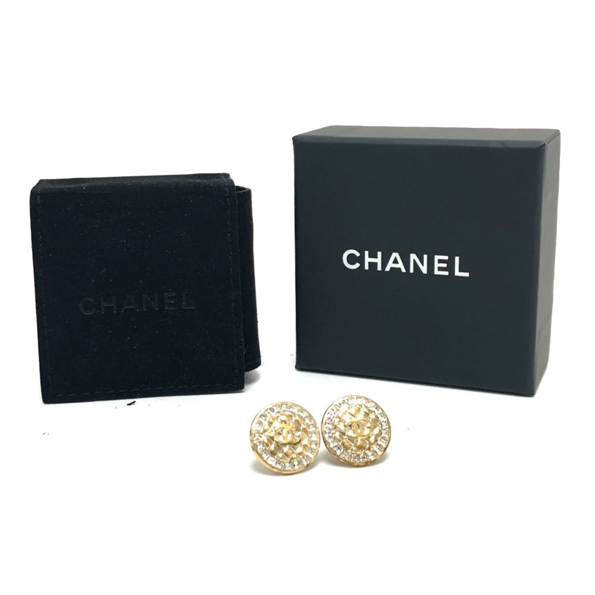 CHANEL B17C Coco Mark Matelasse Rhinestone Earrings, Accessory, Metal, Women's, Gold