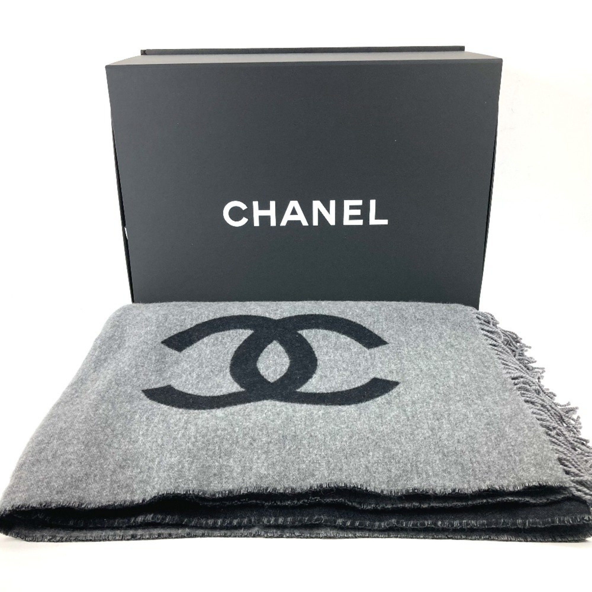 CHANEL G19 CC Coco Mark Bicolor Knee Blanket Wool Cashmere Women's Black