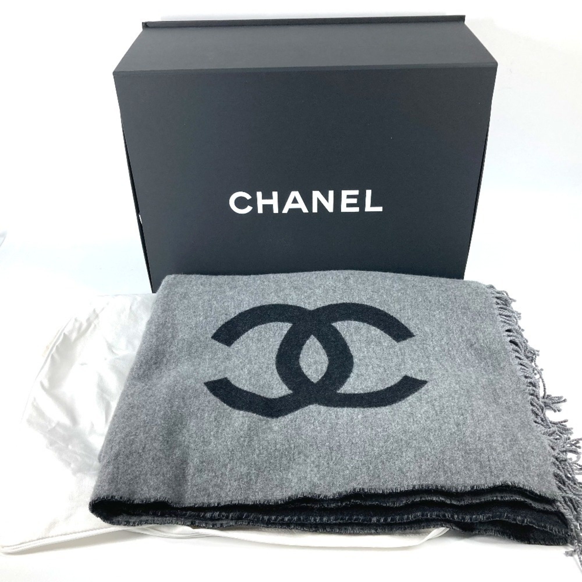 CHANEL G19 CC Coco Mark Bicolor Knee Blanket Wool Cashmere Women's Black