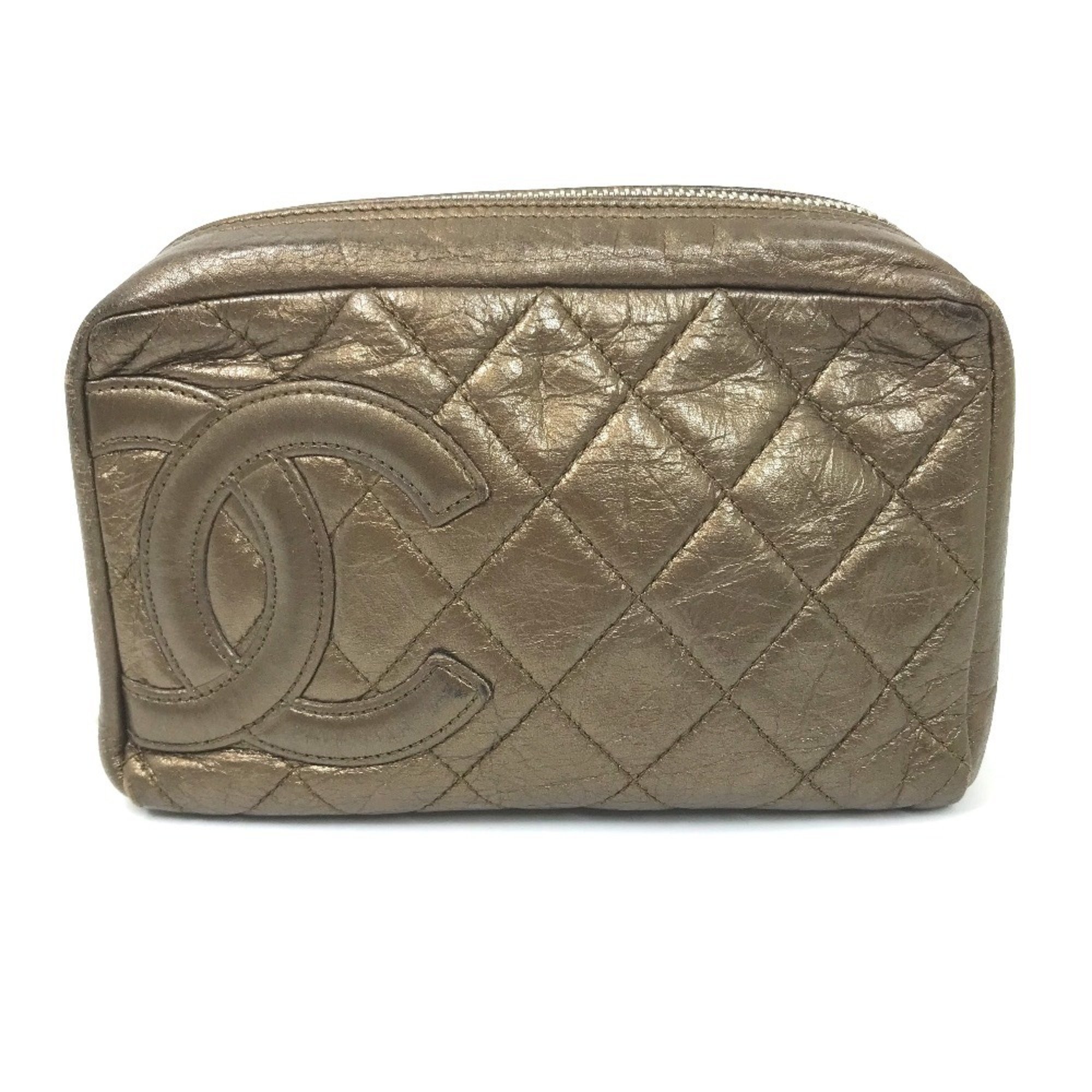 CHANEL Cambon Line Quilted CC Coco Mark Pouch Leather Women's Gold