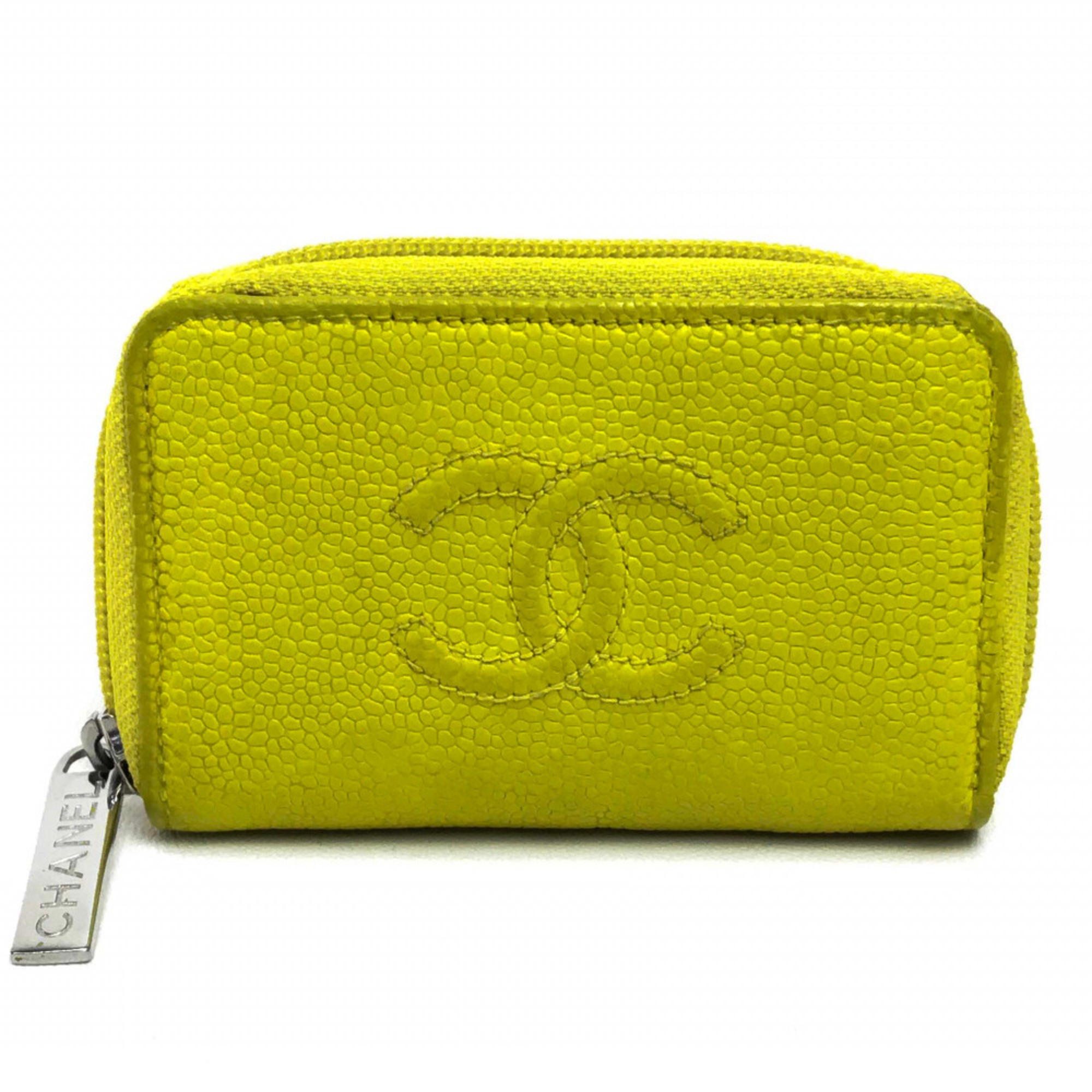 CHANEL A68890 Round Coco Mark CC Neon Color Wallet/Coin Case Caviar Skin Yellow Women's