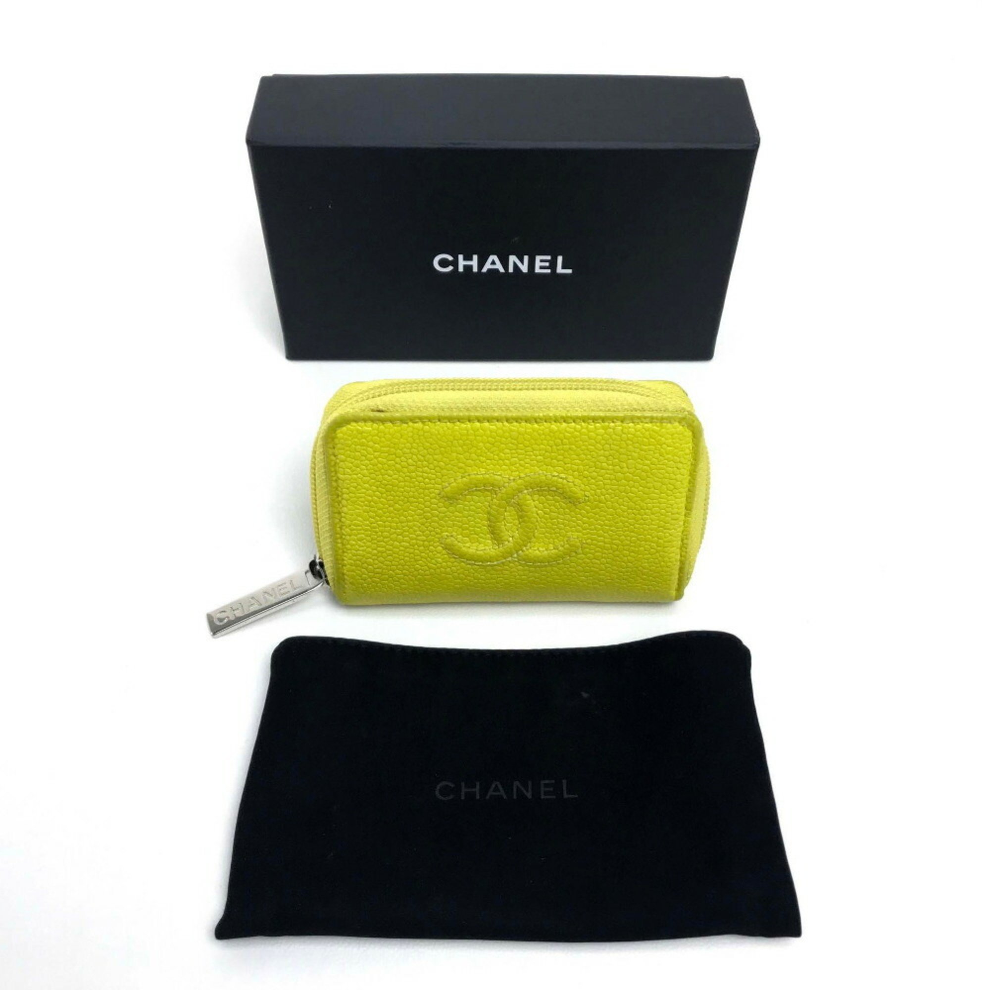 CHANEL A68890 Round Coco Mark CC Neon Color Wallet/Coin Case Caviar Skin Yellow Women's