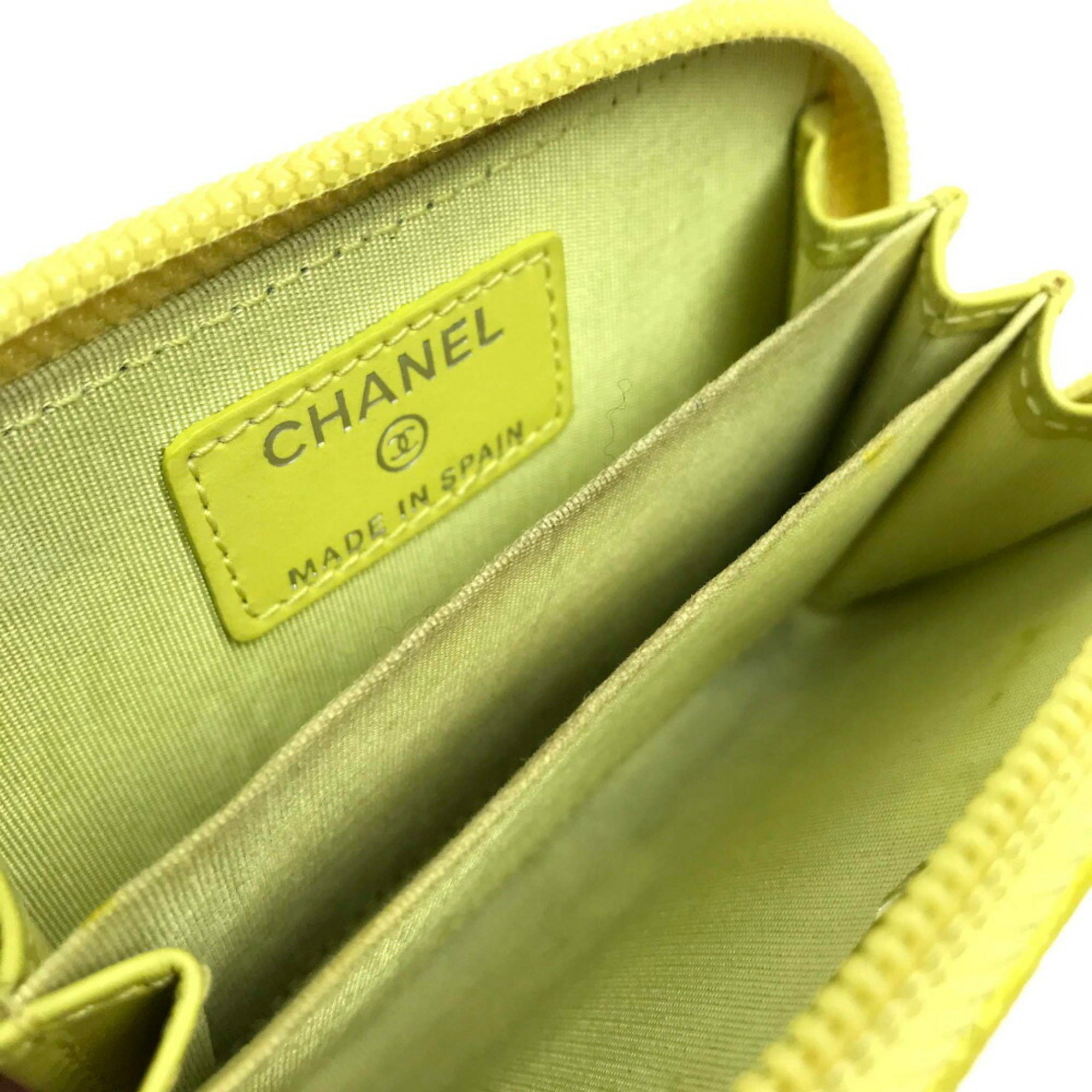 CHANEL A68890 Round Coco Mark CC Neon Color Wallet/Coin Case Caviar Skin Yellow Women's