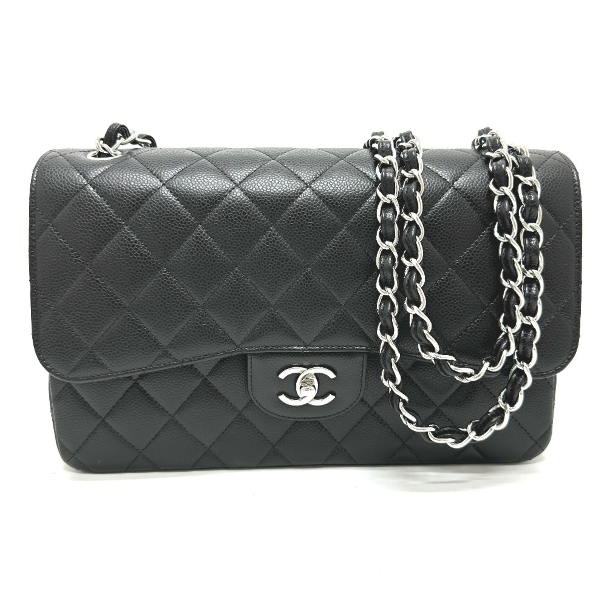 CHANEL A58600 Deca Matelasse 30 Double Flap Chain Shoulder Bag Caviar Skin Women's Black