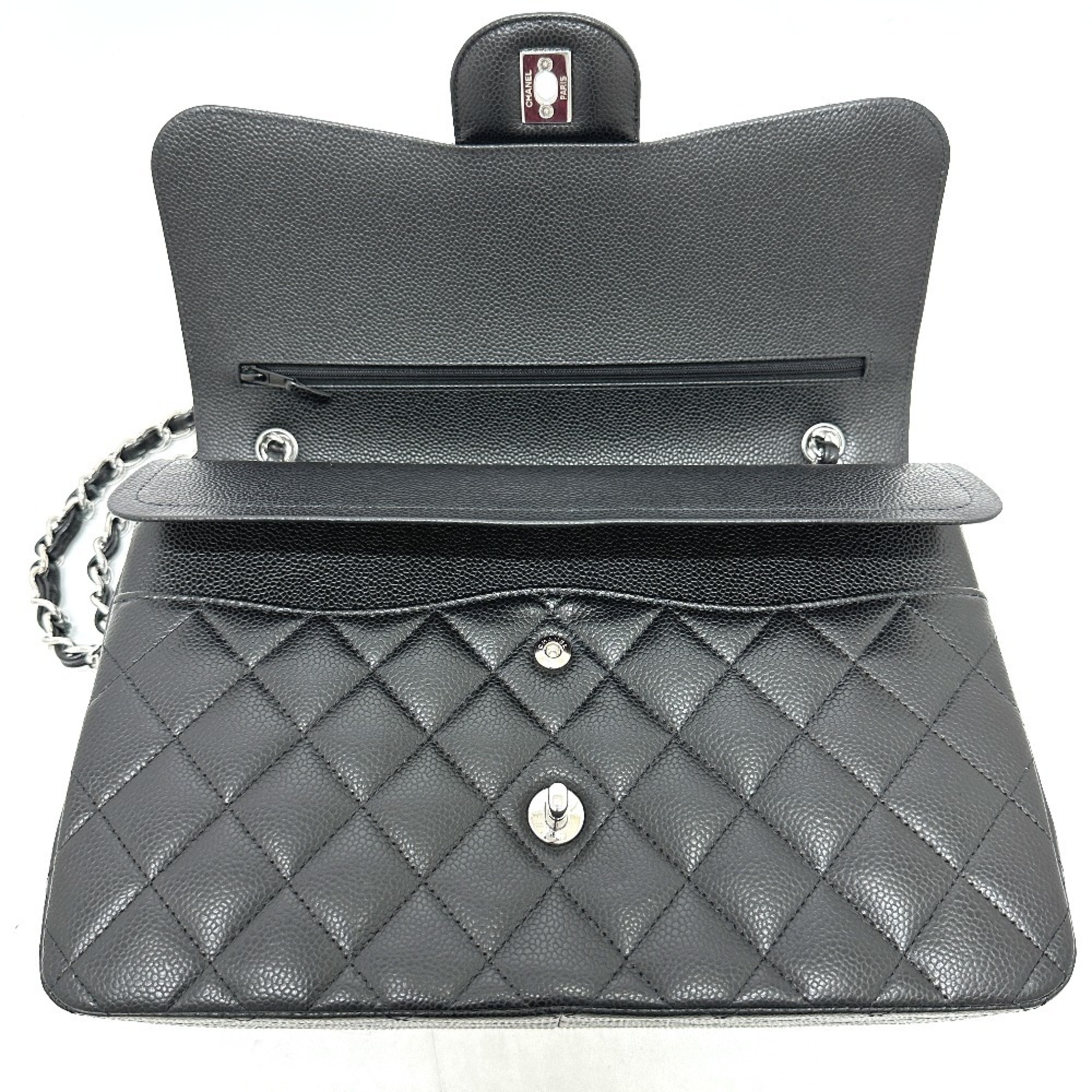 CHANEL A58600 Deca Matelasse 30 Double Flap Chain Shoulder Bag Caviar Skin Women's Black