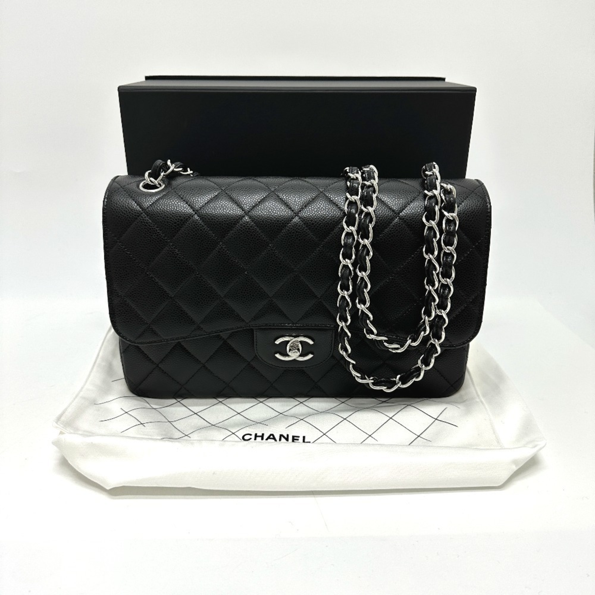 CHANEL A58600 Deca Matelasse 30 Double Flap Chain Shoulder Bag Caviar Skin Women's Black